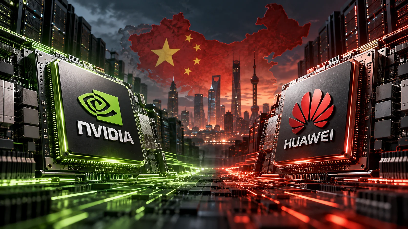 Ilustração mostra chips da Nvidia e da Huawei em confronto visual, com mapa da China ao fundo.