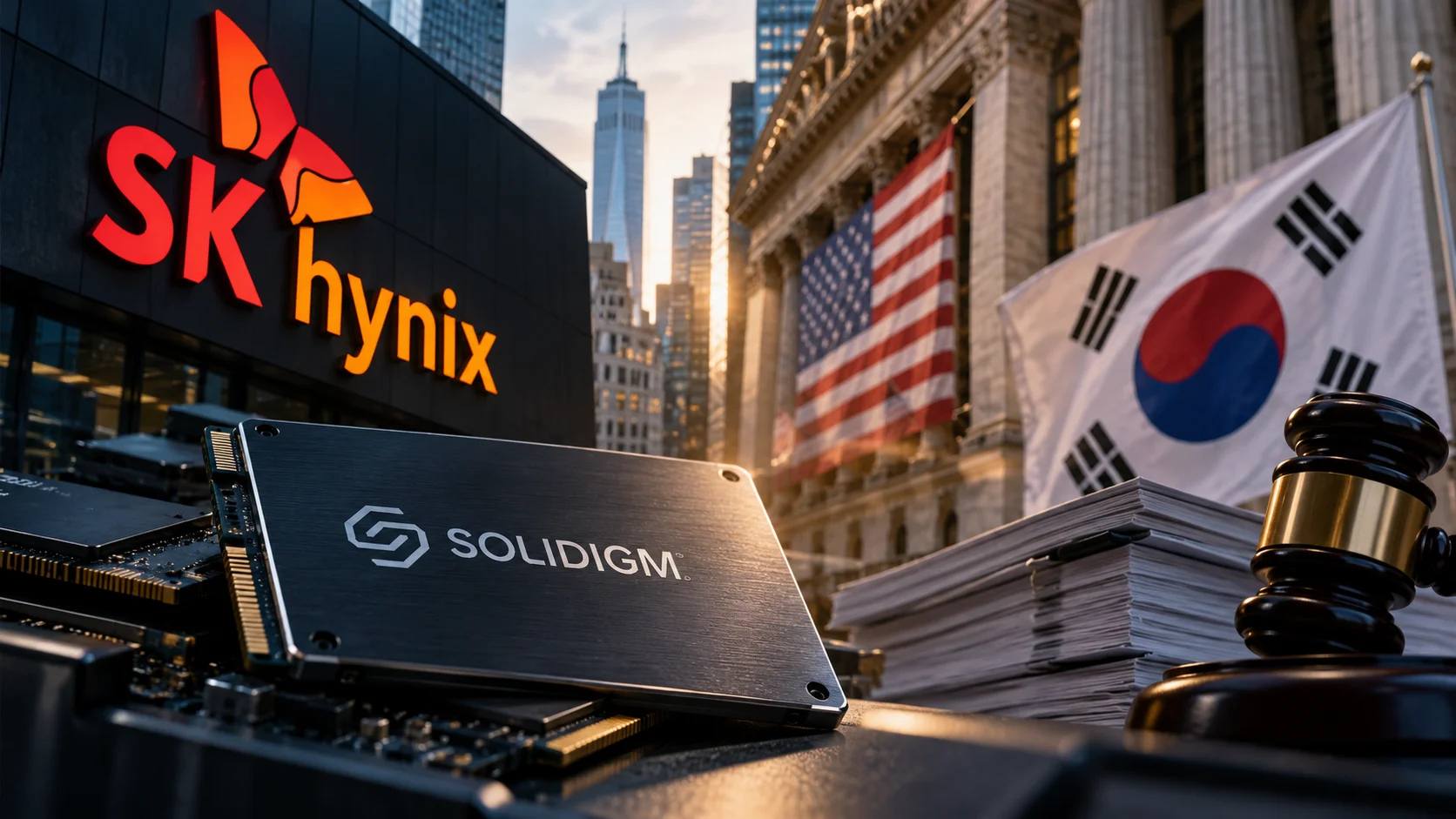 Composição editorial com logotipos da SK Hynix e Solidigm, bandeiras dos EUA e da Coreia do Sul e barreira de acesso fechada.