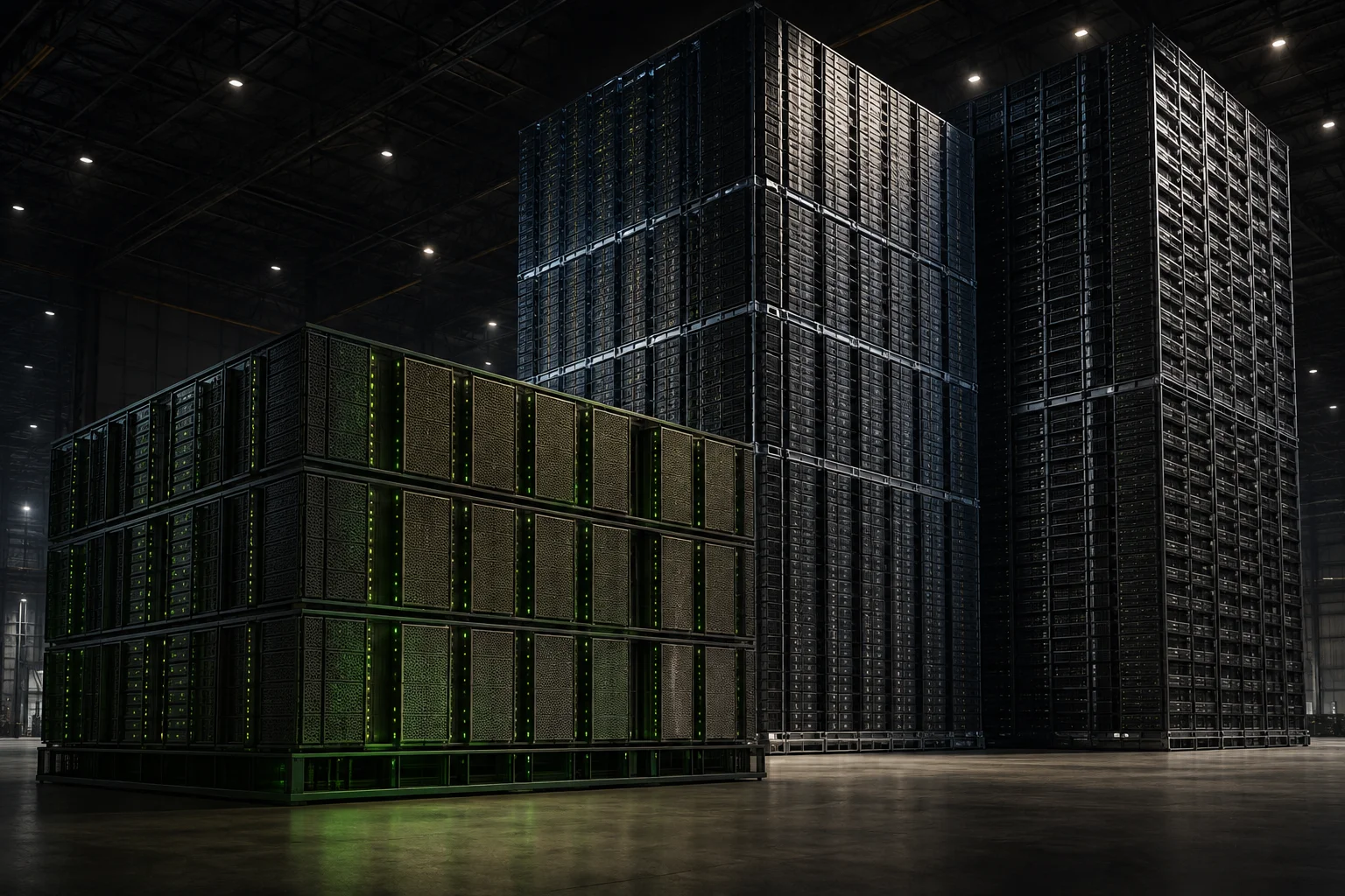 In a dark industrial warehouse, three giant structures made of server modules appear at different heights: a wide tower in the foreground, with discreet green lights, and two even taller towers in the background.