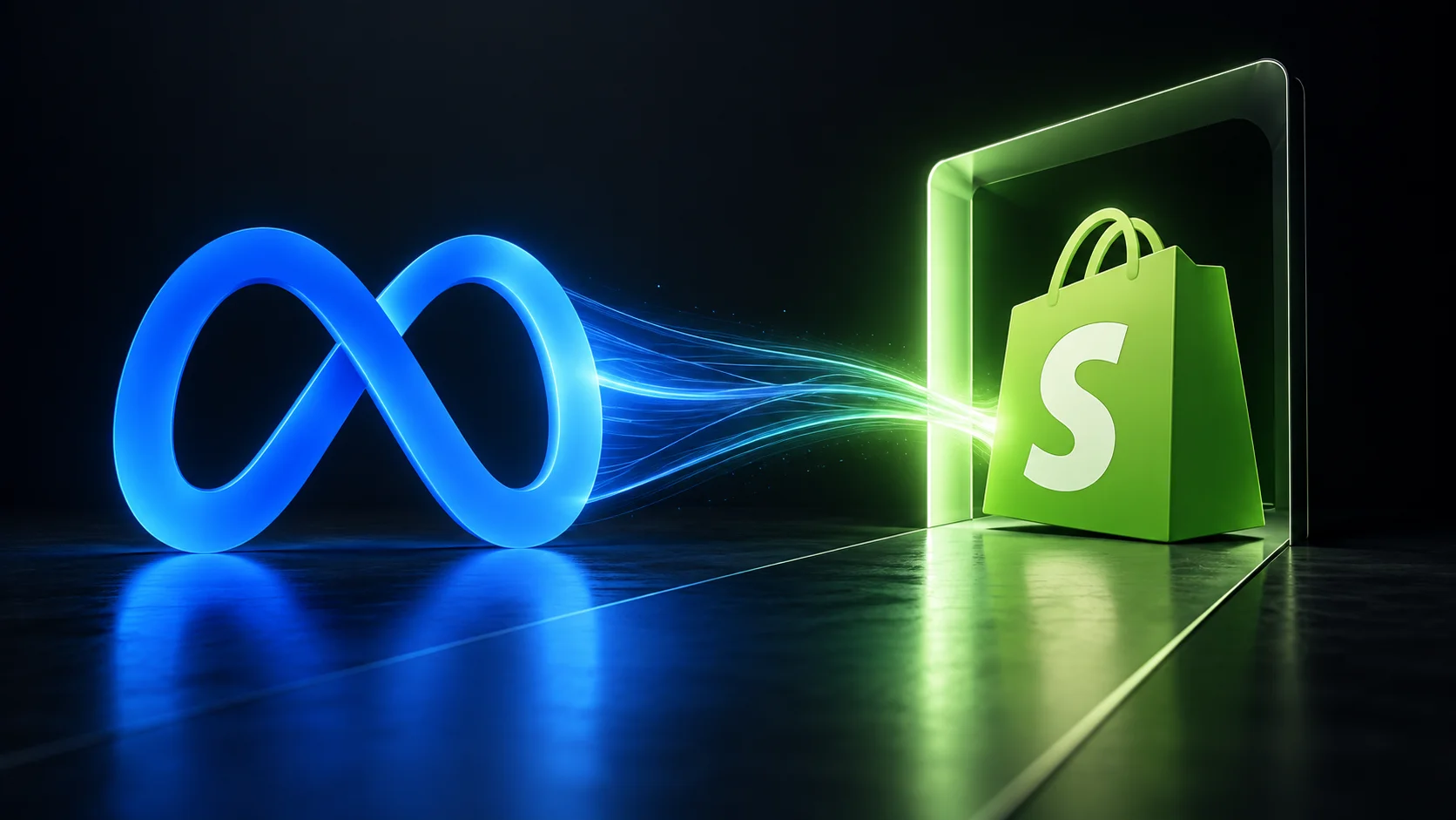 Ilustração conceitual mostra os símbolos da Meta e da Shopify conectados por um fluxo de luz, representando a integração do agente Muse ao checkout das lojas.