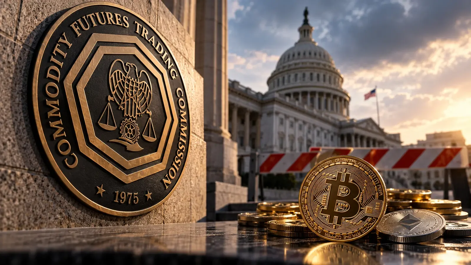 Composição editorial com o selo da CFTC, moedas digitais e o Capitólio dos EUA ao fundo.