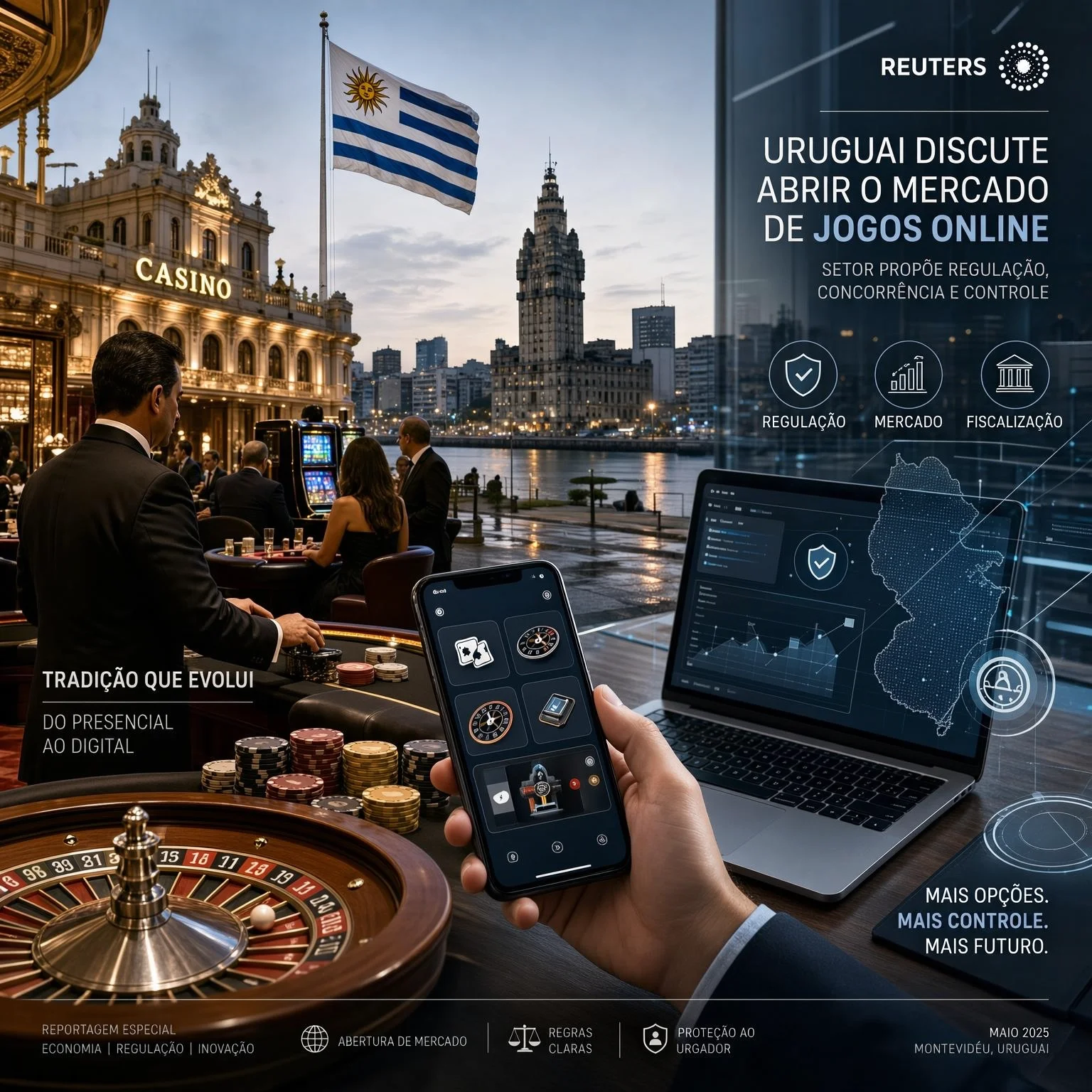 Editorial composition shows a physical casino, roulette and chips next to a cell phone and notebook with online gambling interfaces, with the Uruguayan flag and Montevideo in the background.