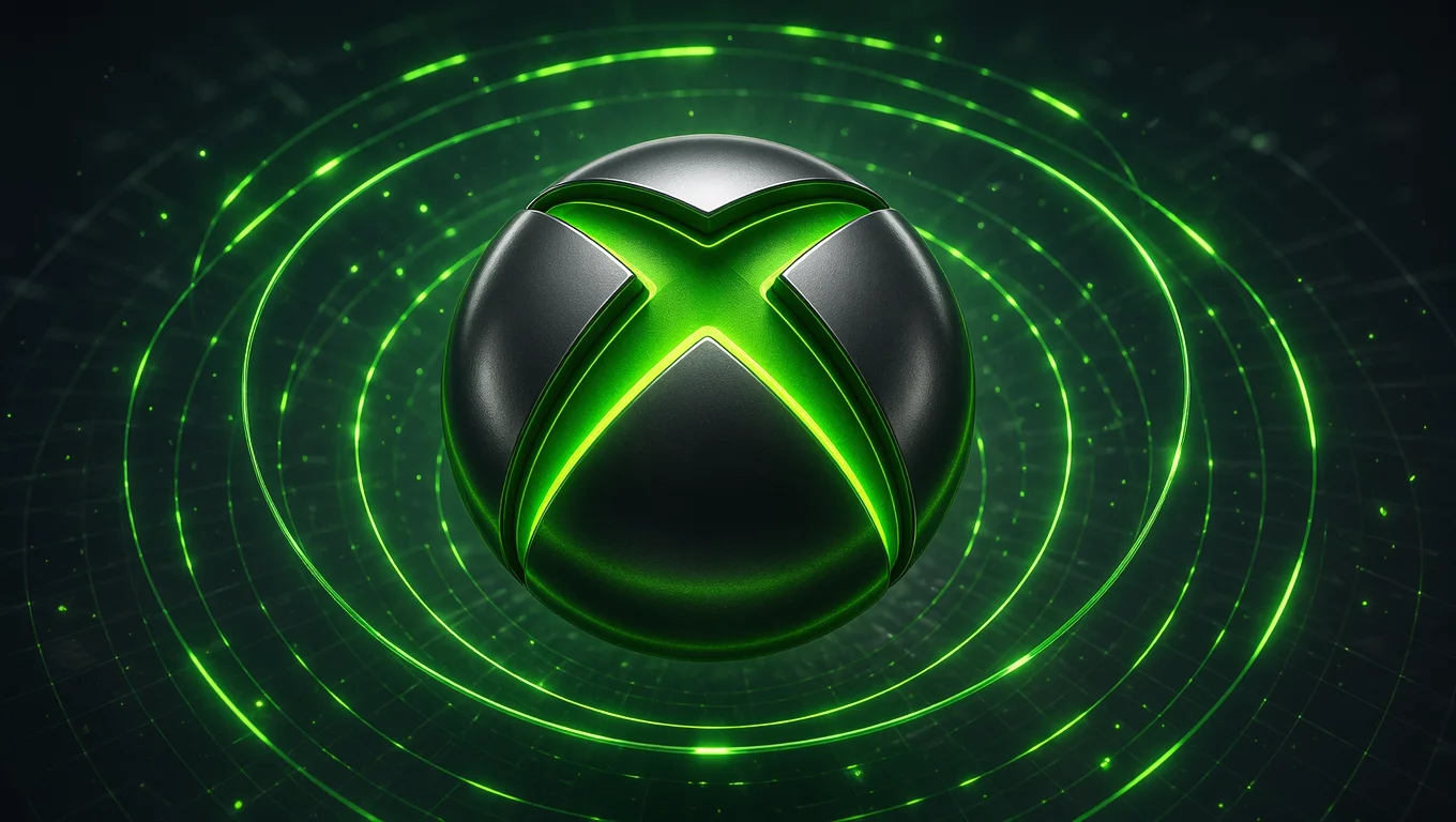 Three-dimensional Xbox logo in black and green, surrounded by glowing green rings on a dark background.