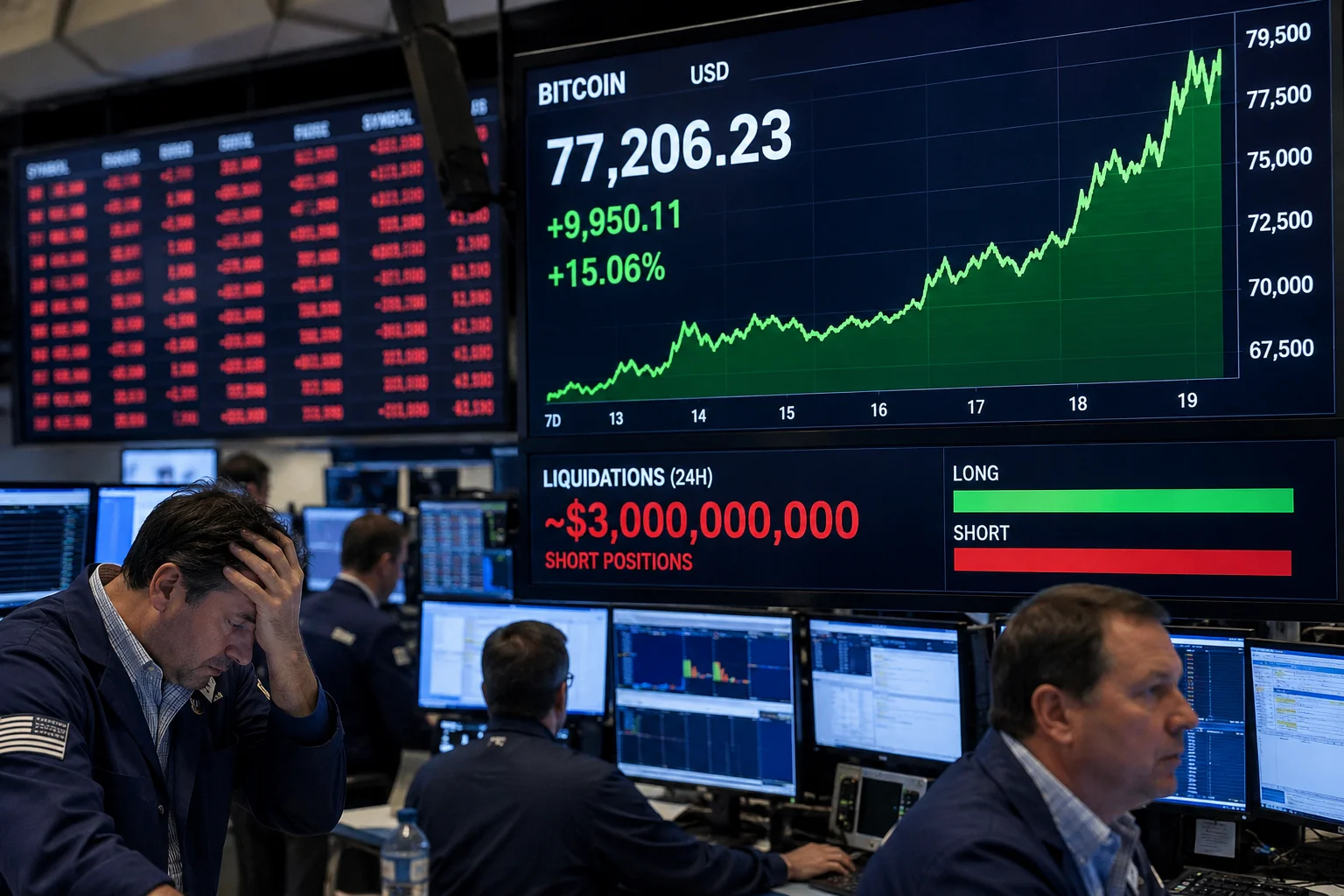 Market panels show a sharp rise in bitcoin as traders monitor the movement in a trading room.