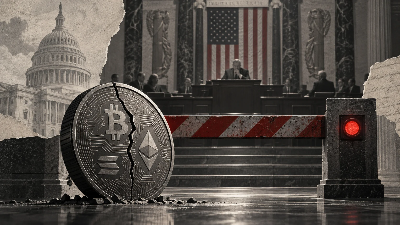 Conceptual illustration shows a cracked crypto coin blocked by a red barrier in front of the U.S. Senate chamber.