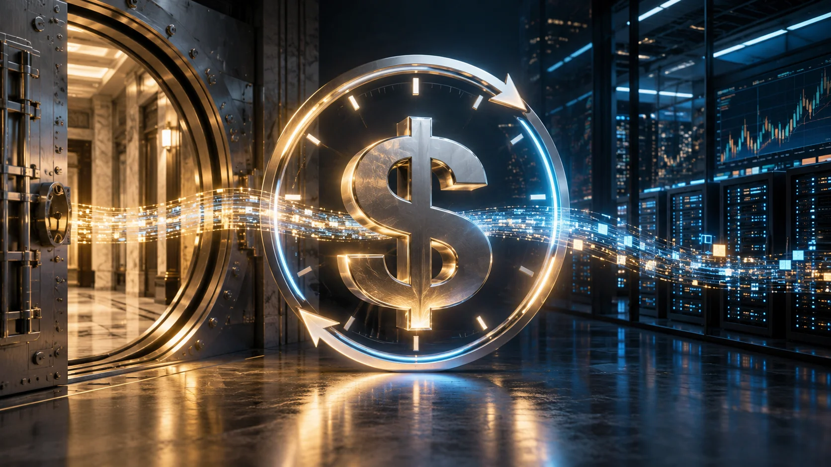Símbolo do dólar entre cofre bancário e infraestrutura de negociação digital.