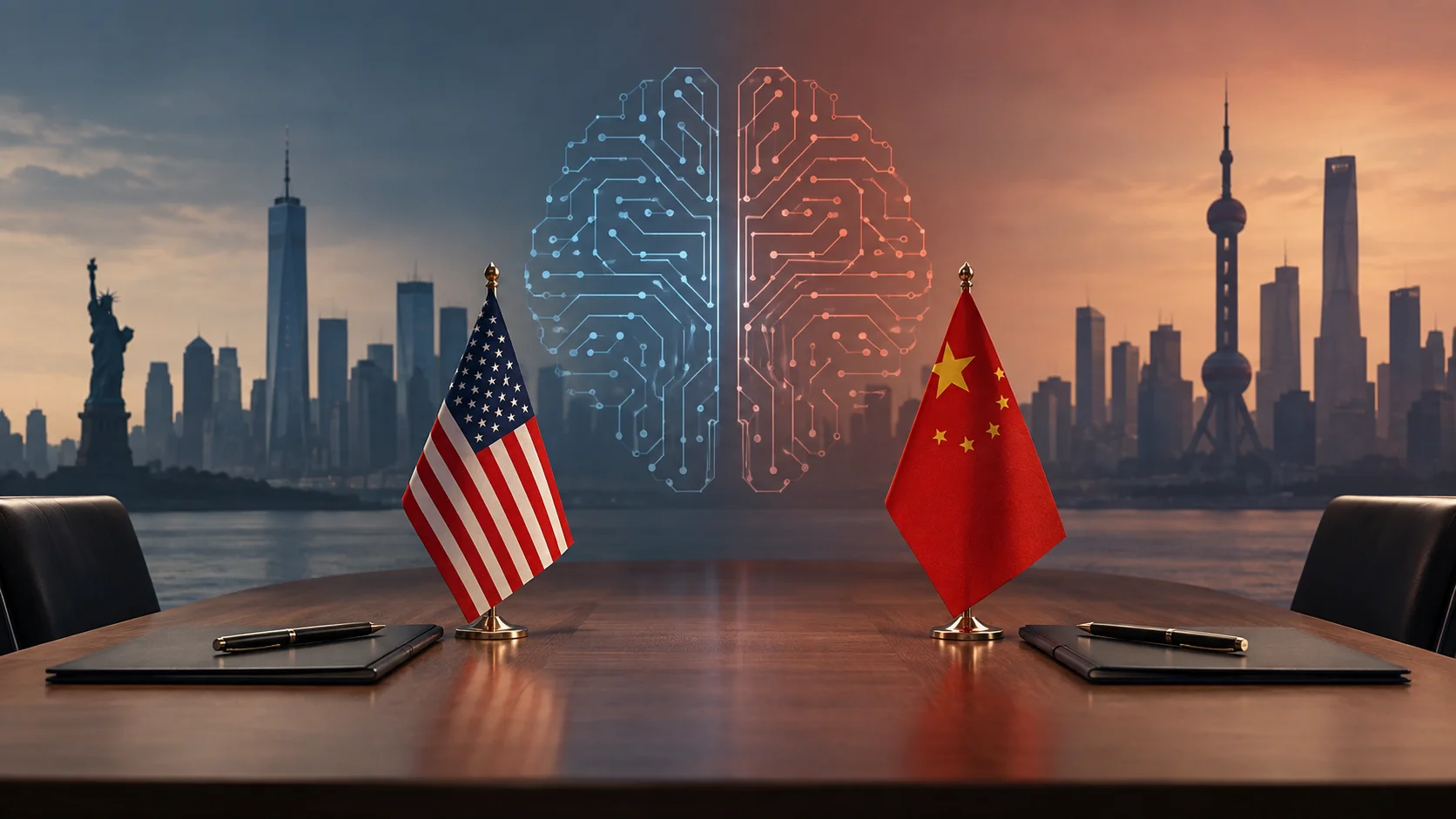 Banderas de EE. UU. y China frente a un cerebro digital que simboliza negociaciones sobre seguridad de IA.