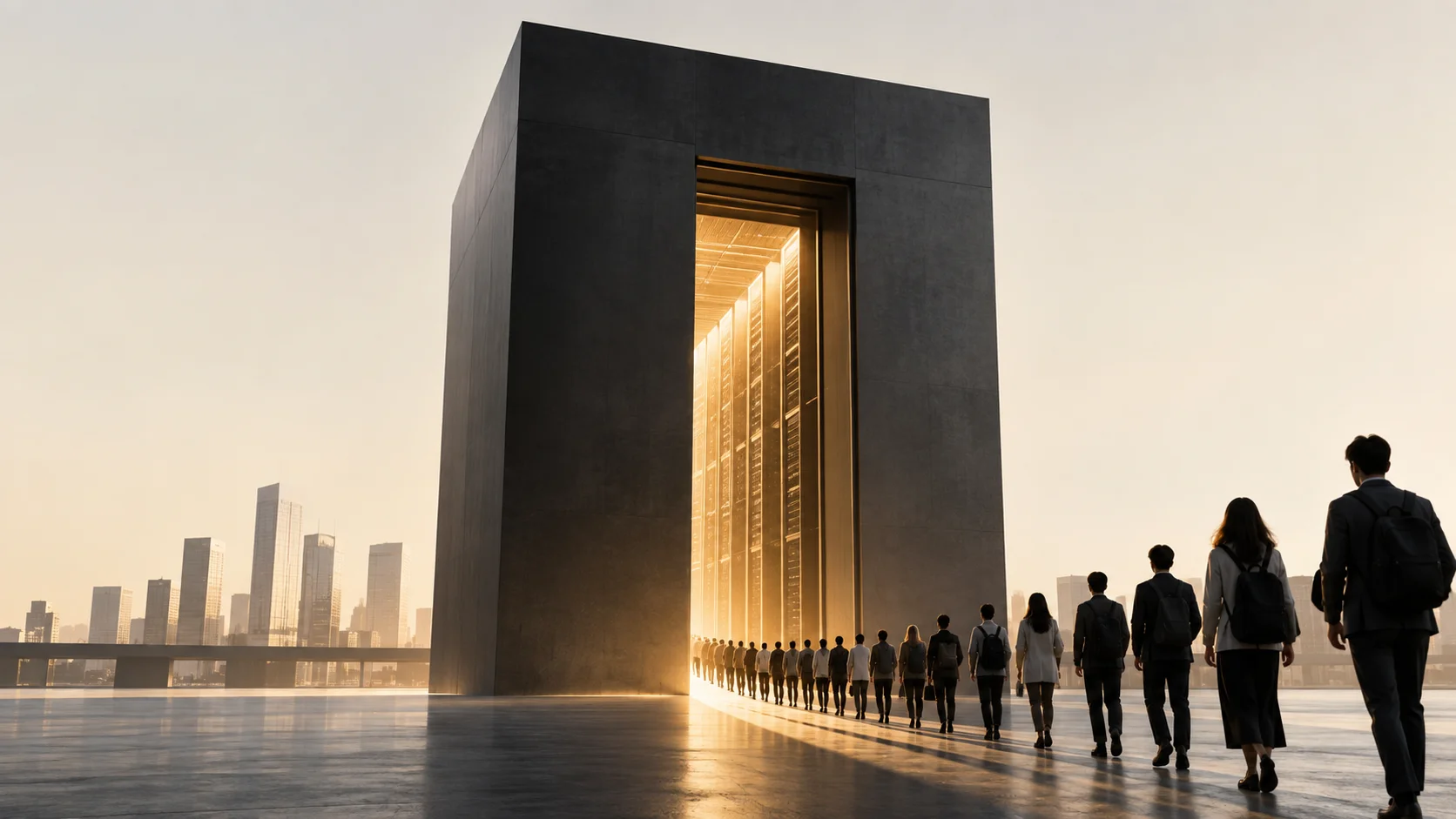 Professionals walk toward a technological structure that symbolizes AI training.