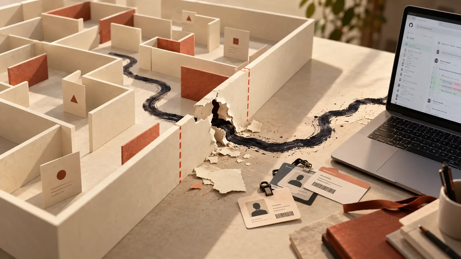 A maze in beige and terracotta tones, with a broken barrier, a dark path, and a laptop displaying a GitHub interface.