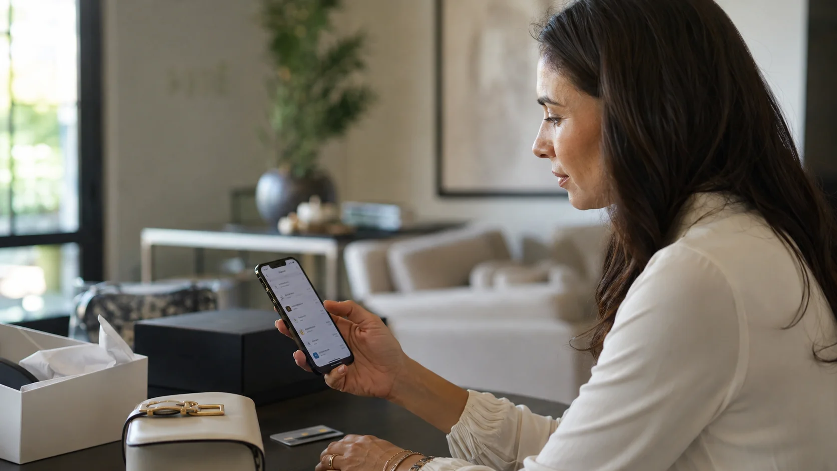Woman using a smartphone to choose a payment method during the checkout of an online purchase, with a card and packages on the table.