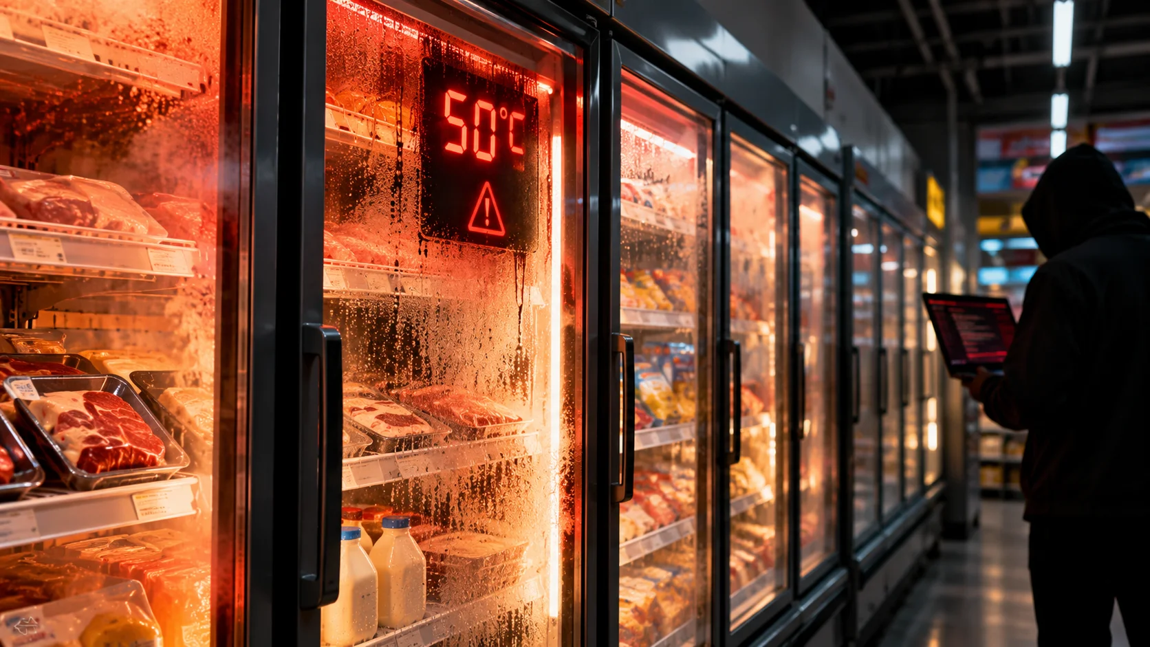 Supermarket freezers lit in red, with a 50°C alert and a hooded figure in the background.