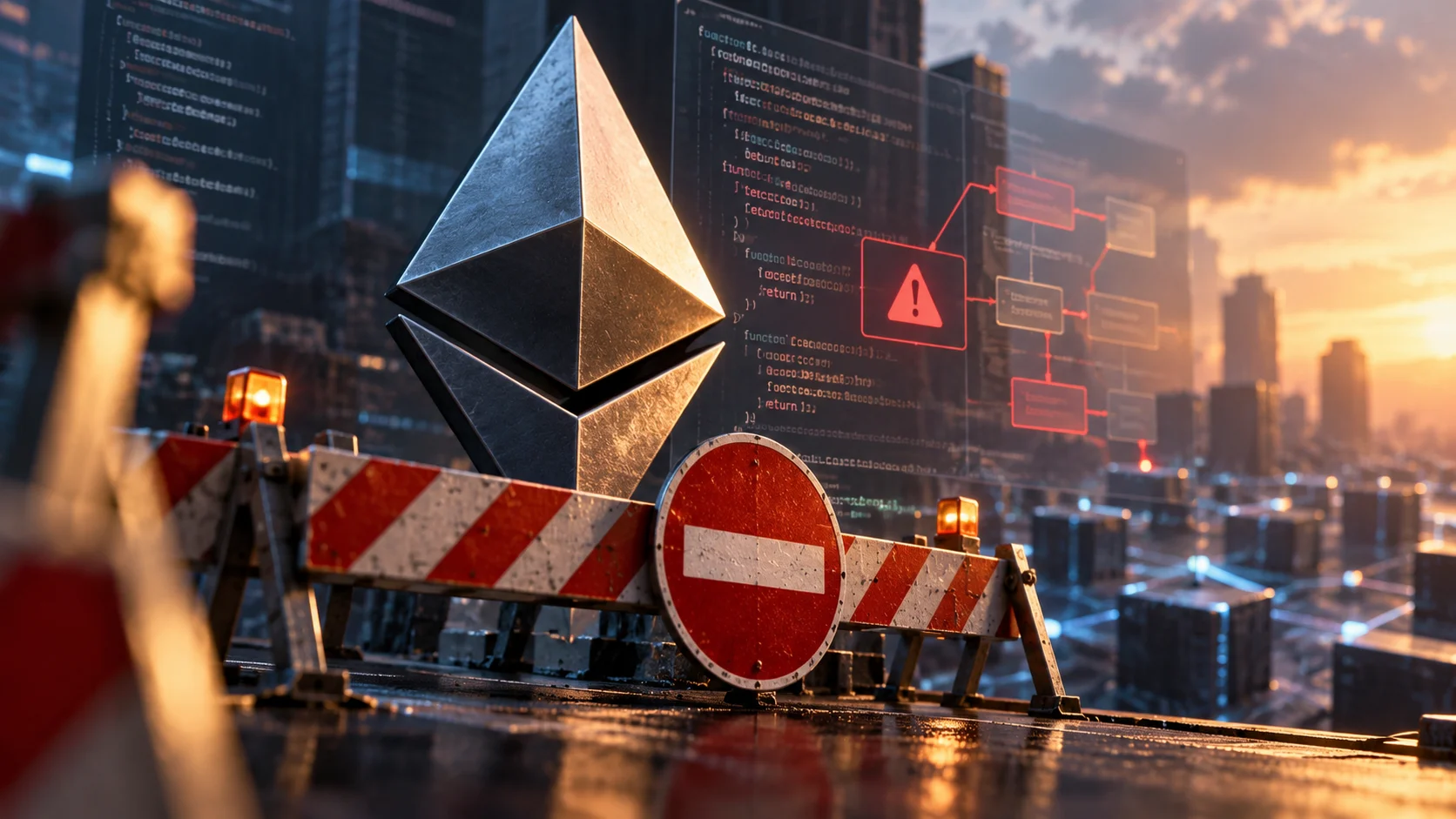 Símbolo do Ethereum atrás de barreiras de interdição, representando o adiamento da atualização Glamsterdam.
