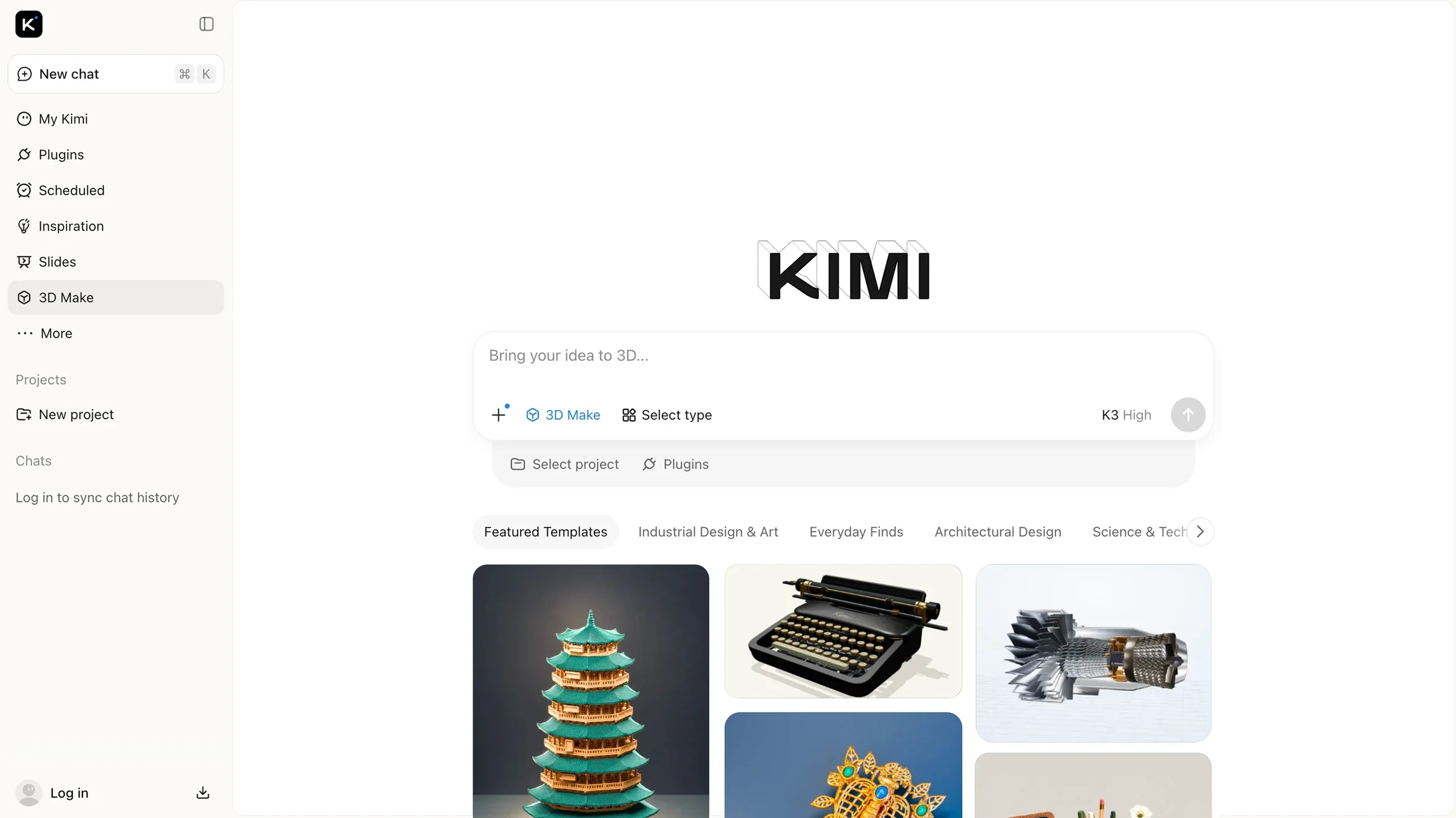 Interfaz de Kimi 3D Make con un campo para describir una idea en 3D y una galería de modelos generados, entre ellos una pagoda, una máquina de escribir y una turbina.