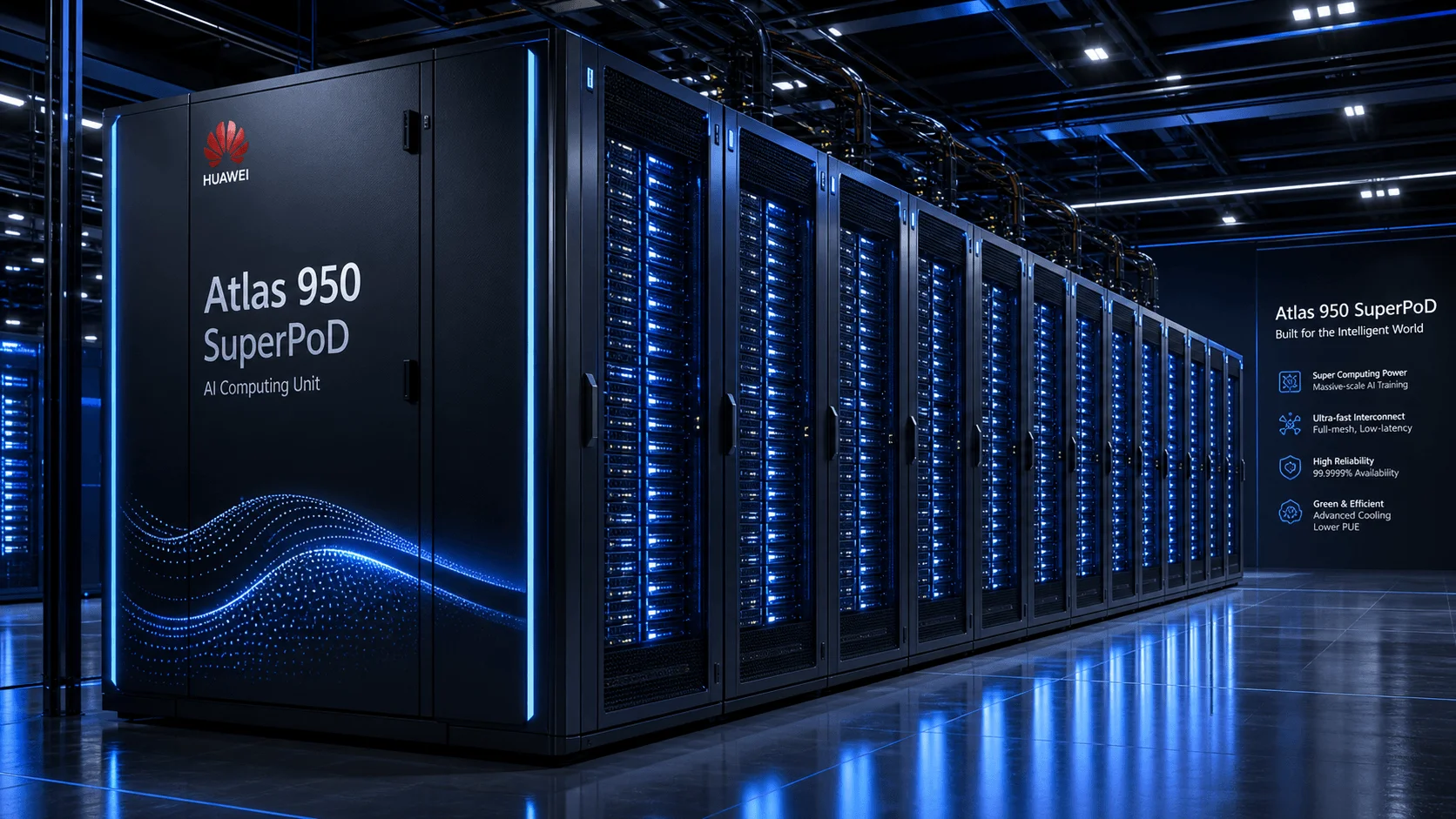 Representação do Huawei Atlas 950 SuperPoD em ambiente de datacenter (imagem gerada por IA).