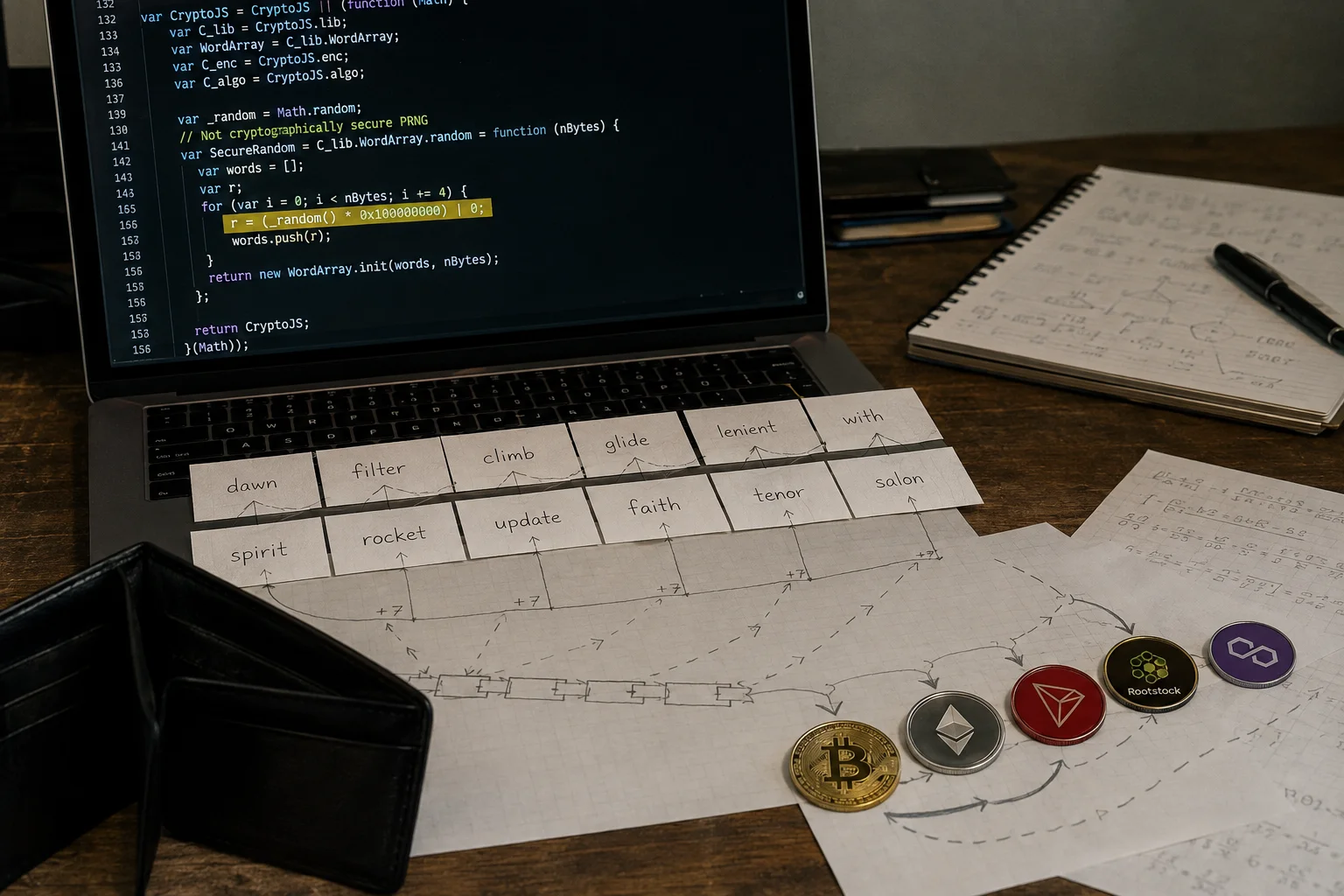 Forensic analysis desk with a 12-word seed phrase linked to vulnerable CryptoJS code and cryptocurrencies being drained.