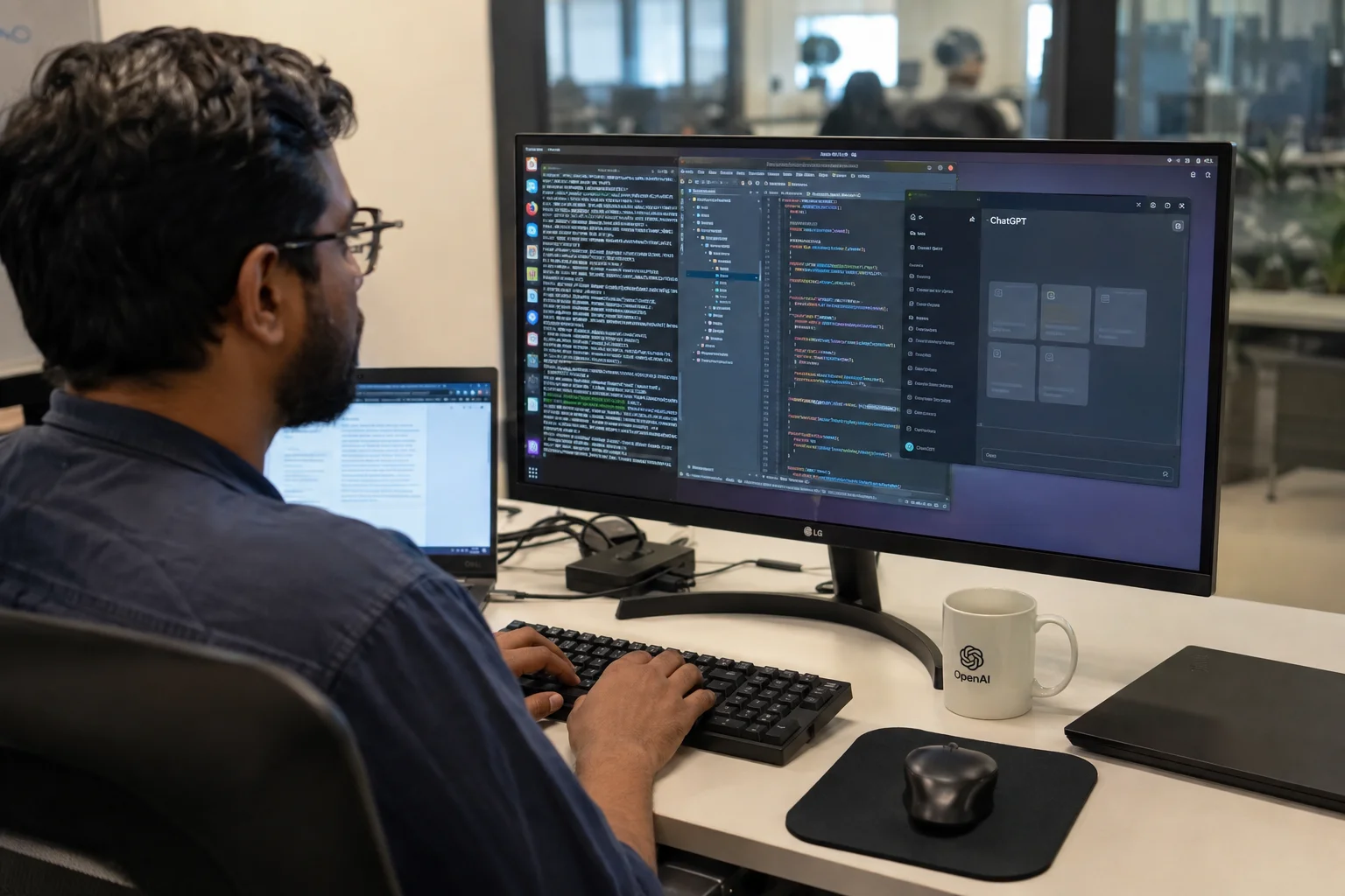 Developer works on a Linux computer while the ChatGPT desktop app appears open alongside terminals and project files.