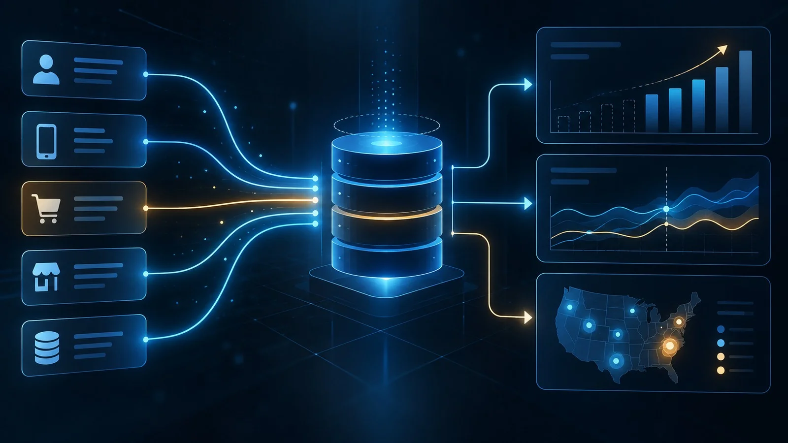 First-party data sources feeding a central measurement layer and branching into performance, modeling and geographic experiment views.