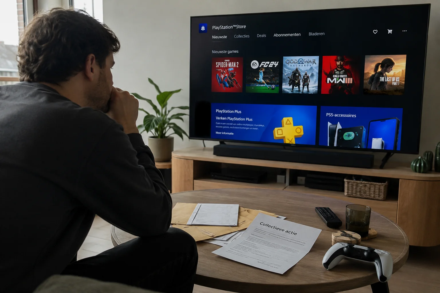 Player looks at PlayStation Store on a television while documents related to a class action and a video game controller are on the table.