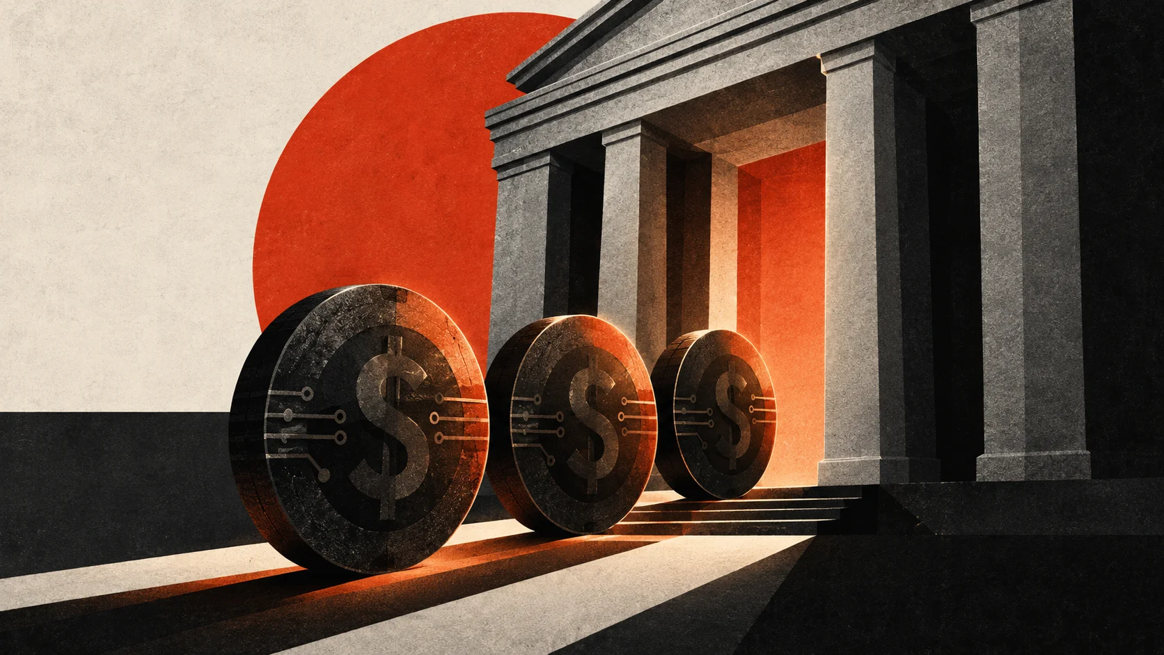 Ilustración conceptual muestra tres monedas digitales frente a un edificio bancario monumental, simbolizando la entrada de la infraestructura de stablecoins en el sistema bancario federal de EE. UU.