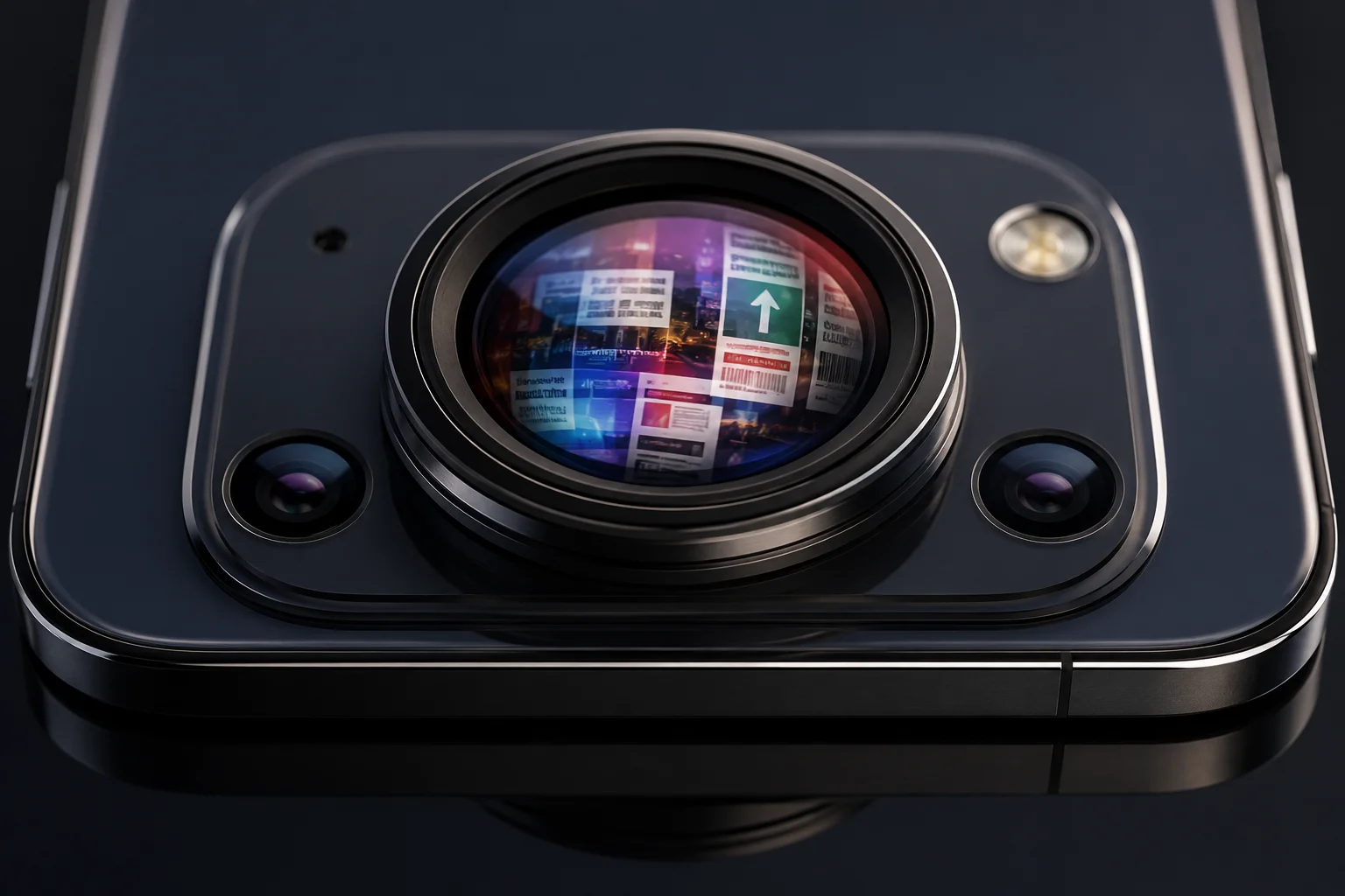Close-up of a smartphone camera with reflections of newspaper, signage, digital interface and barcode concentrated on the lens.