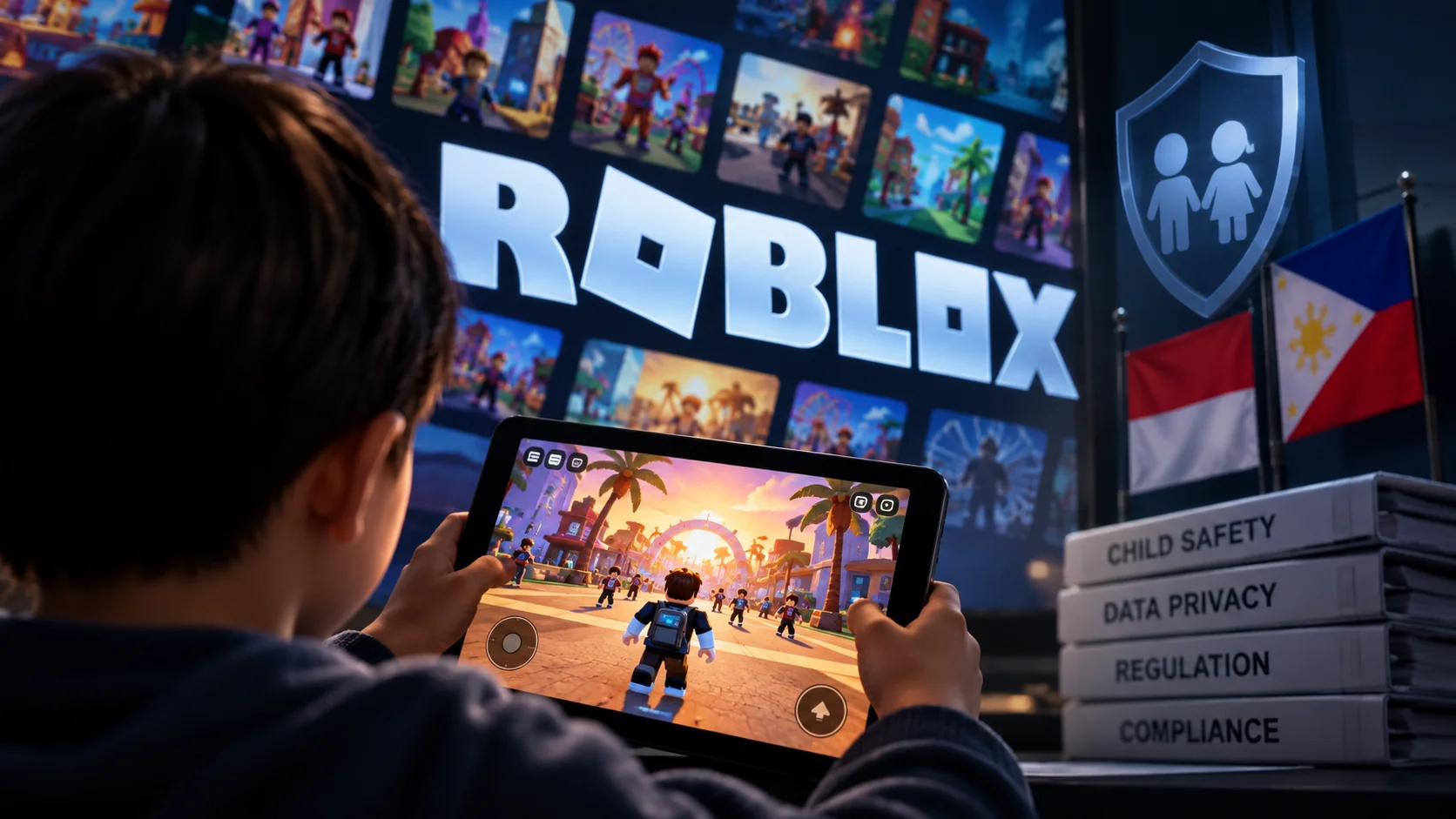 Niño sosteniendo una tableta con Roblox en pantalla frente a una gran pantalla de Roblox, con señales visuales relacionadas con la seguridad infantil y la regulación.