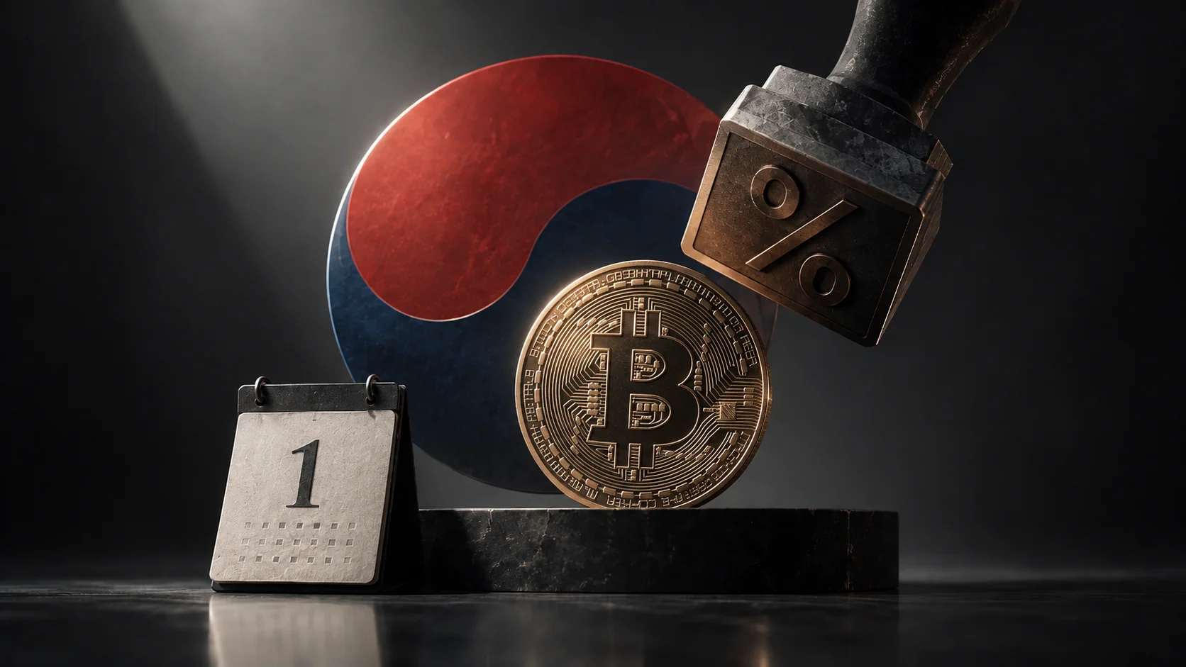 Minimalist conceptual image showing a South Korea-inspired red-and-blue symbol behind a faceted crypto token, a percent-mark stamp hovering above it, and a calendar marked “1,” representing South Korea’s plan to begin taxing crypto in January 2027.