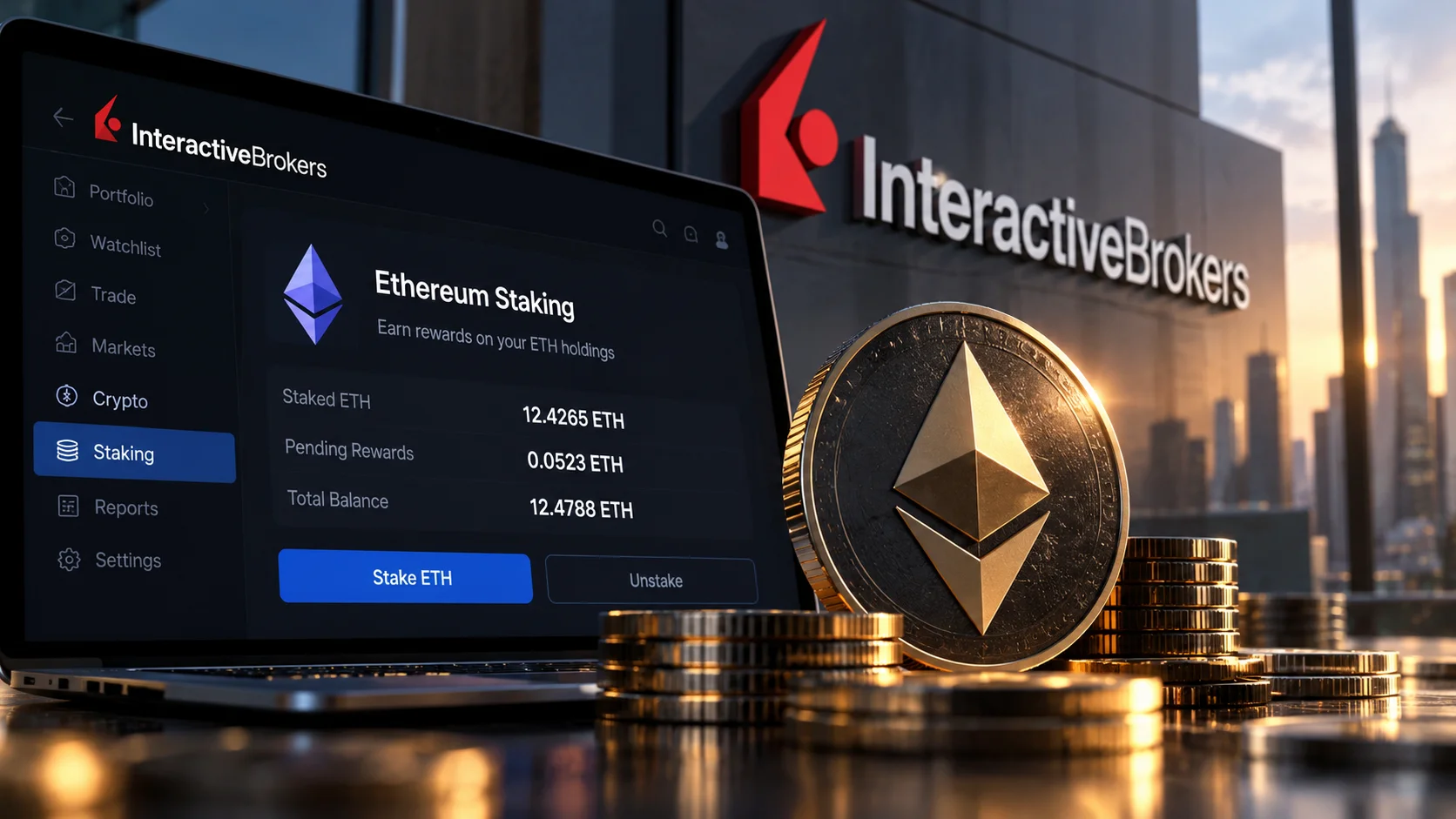 Ethereum e plataforma de staking da Interactive Brokers exibidos em composição editorial.