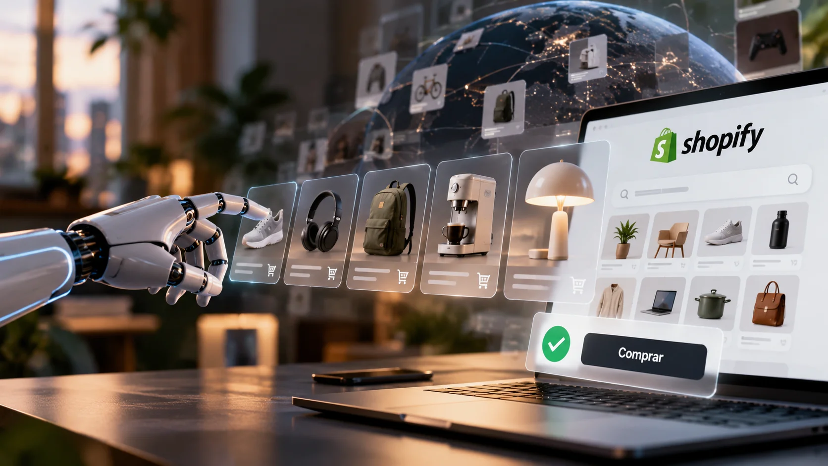 Robotic arm selects products in a Shopify shopping interface.