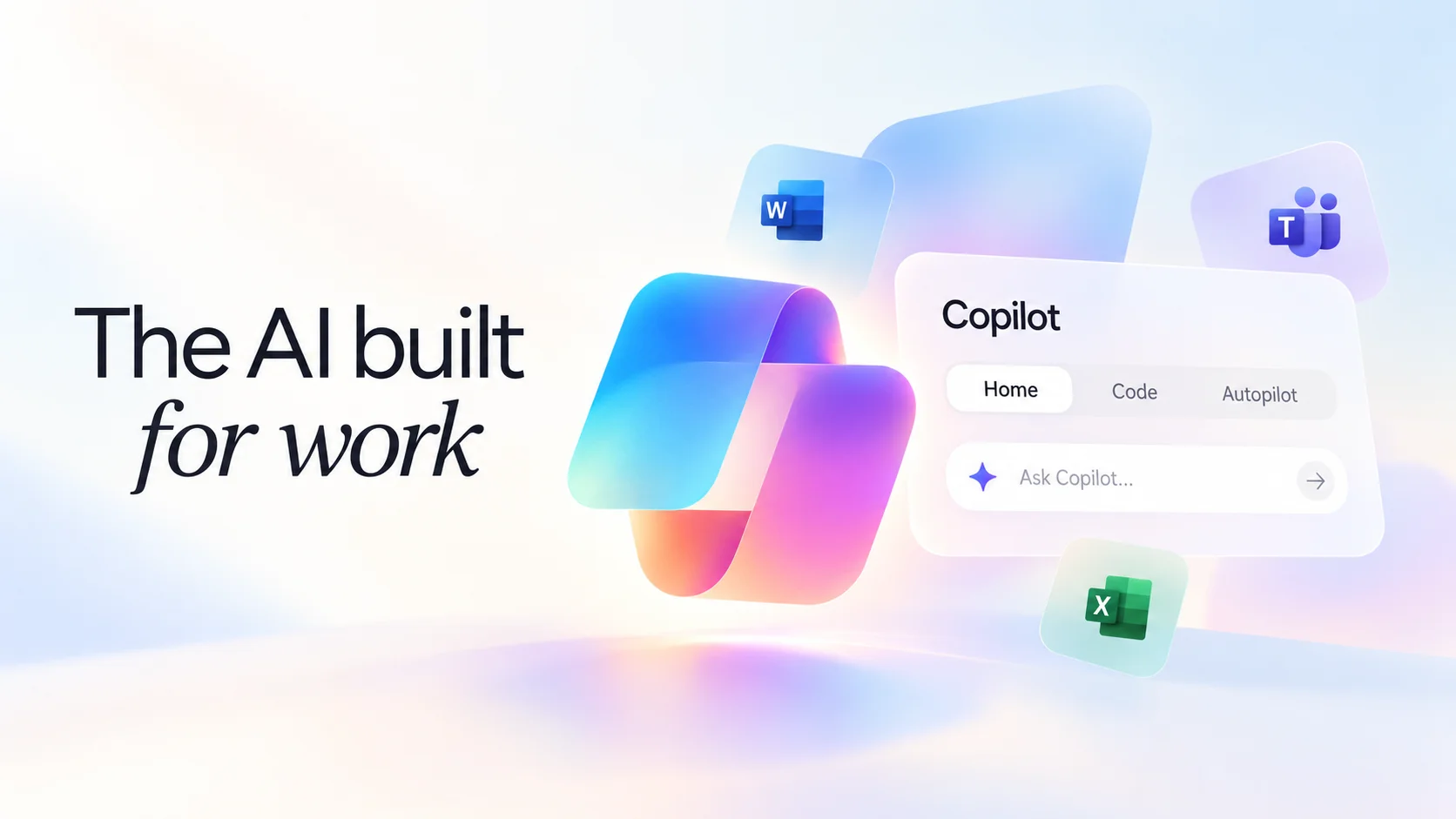 Ilustración conceptual y minimalista de Microsoft Copilot con una interfaz que muestra Home, Code y Autopilot, rodeada de elementos que remiten a Word, Excel y Teams.