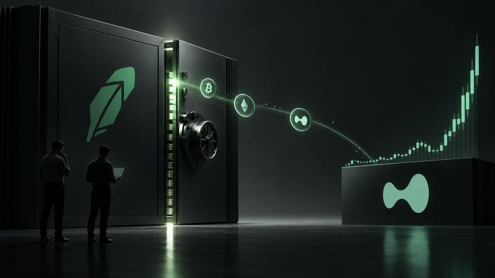 Conceptual illustration shows a vault associated with Robinhood releasing digital assets toward a bullish chart linked to Hyperliquid.