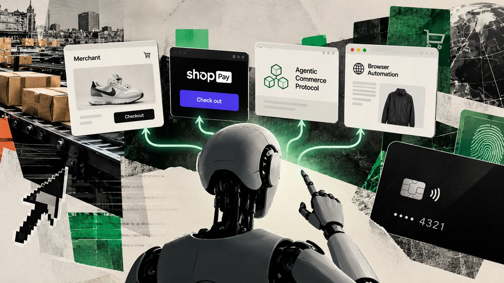 Agente de IA ante opciones de checkout, protocolos de comercio y automatización del navegador.