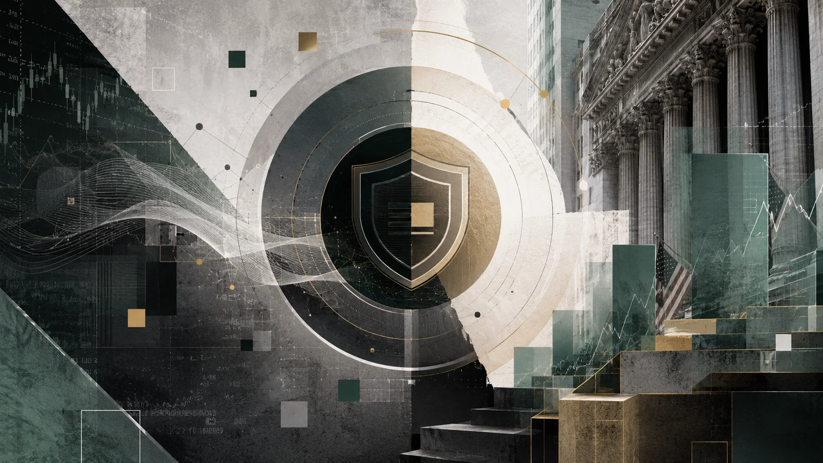 Abstract collage with a central shield, financial charts, data flows and Wall Street architecture, representing Grayscale's Zcash ETF traded on NYSE Arca.