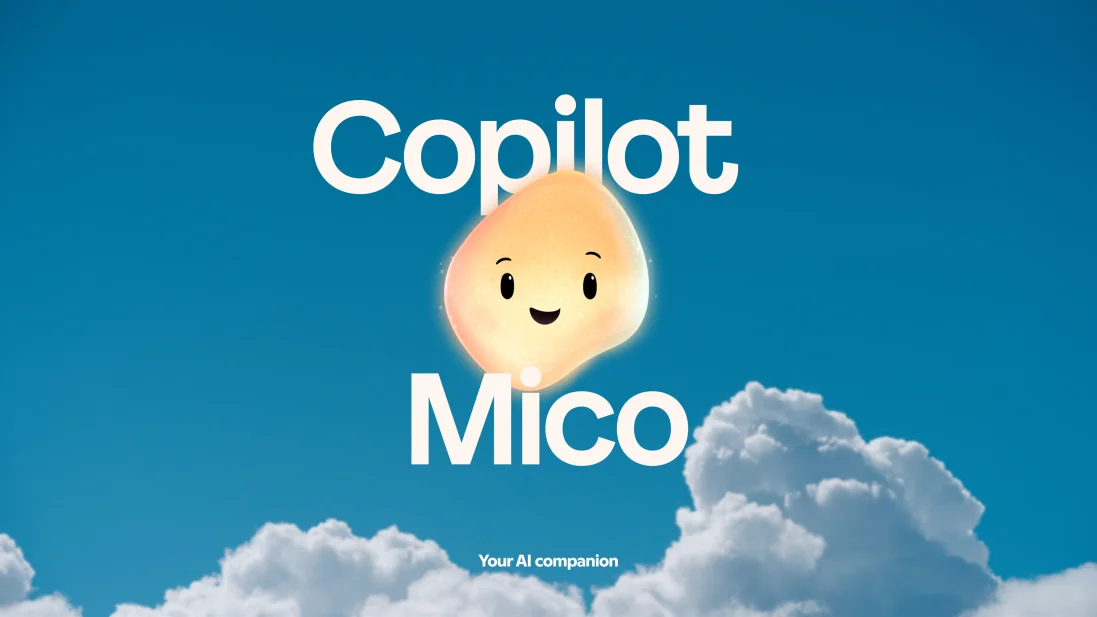 Glowing orange character with a smiling face in front of a blue sky and clouds, accompanied by the texts “Copilot” and “Mico.”