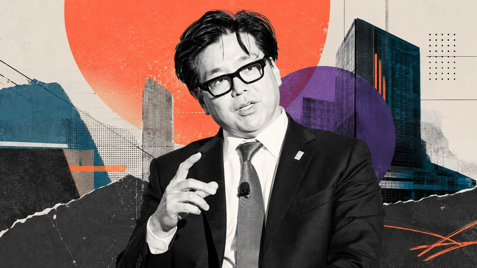 Executive in a suit with an Ethereum symbol on the suit jacket, in front of buildings and graphic elements in an editorial collage style.