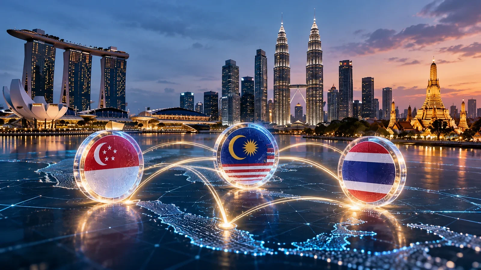 Illustration of the flags of Singapore, Malaysia and Thailand connected by digital networks, with architectural landmarks of the three countries in the background.