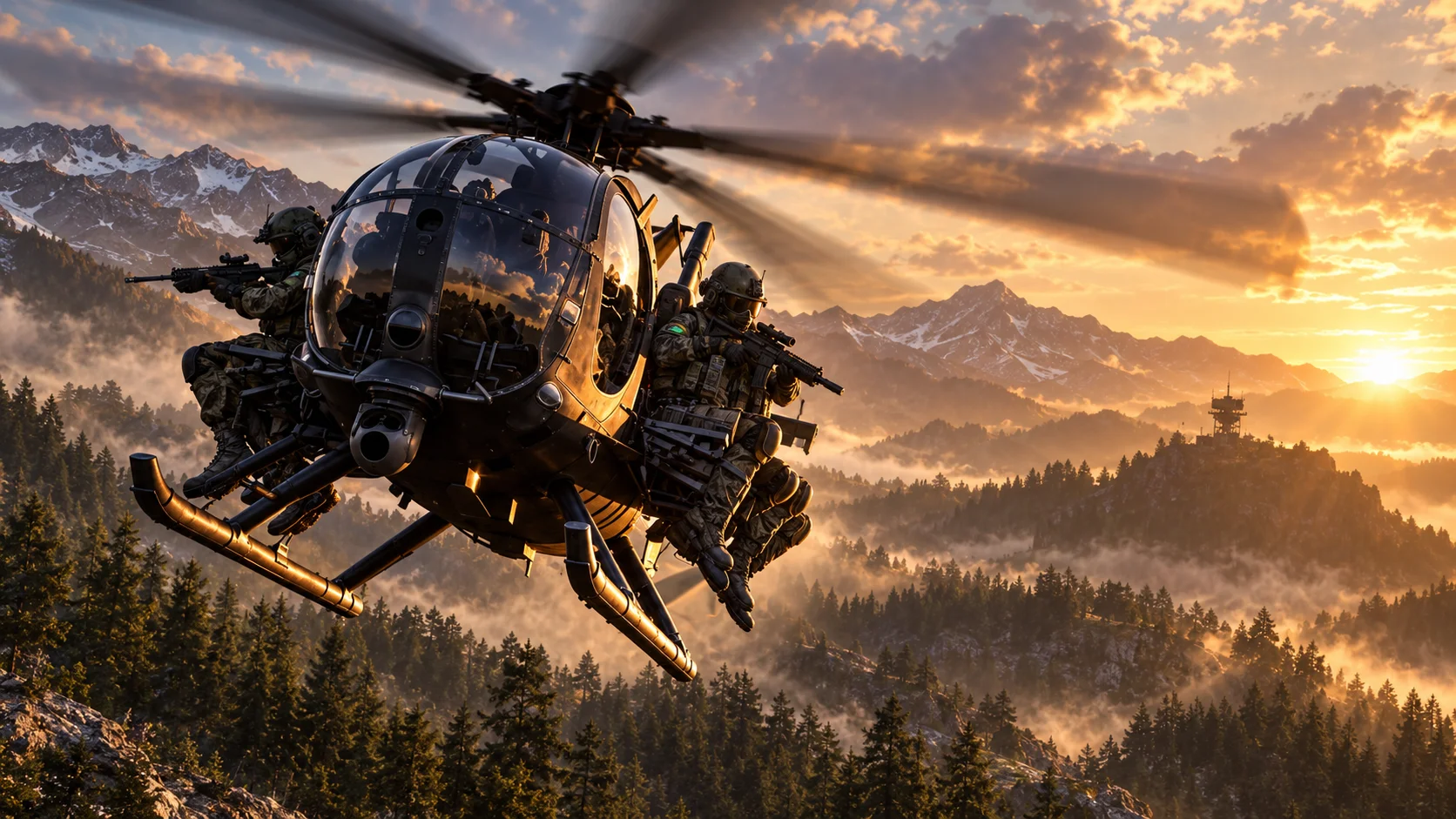 Military helicopter with soldiers flying over a mountainous region in WARDOGS.