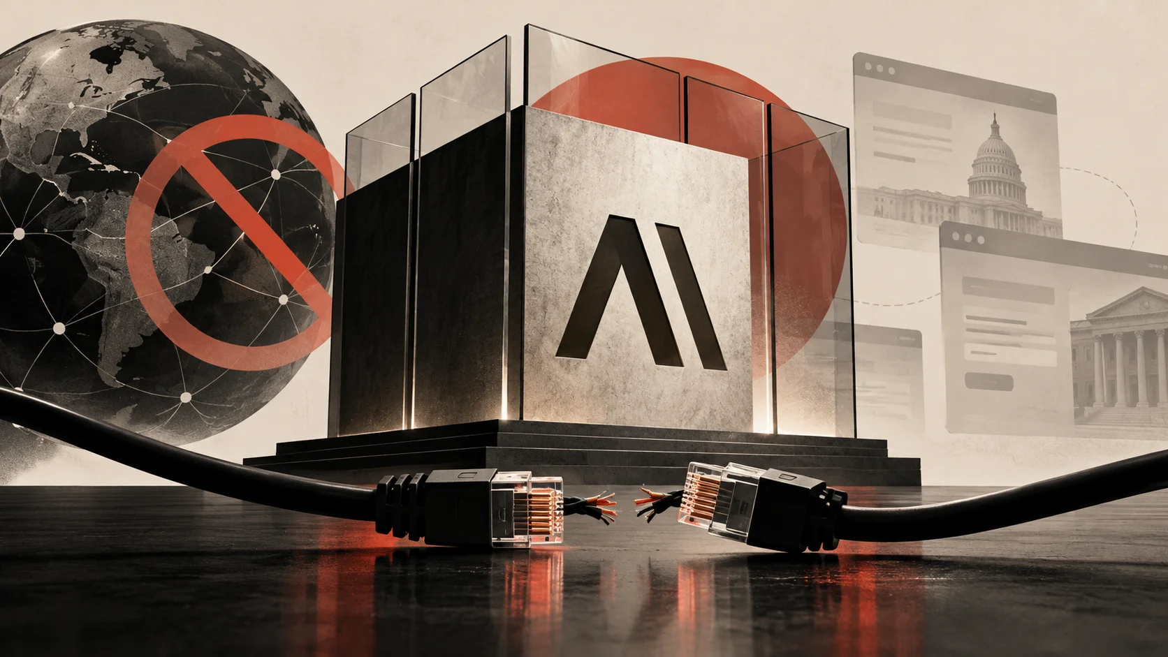 Anthropic symbol isolated by glass barriers, with disconnected network cables representing the blocking of internet access.