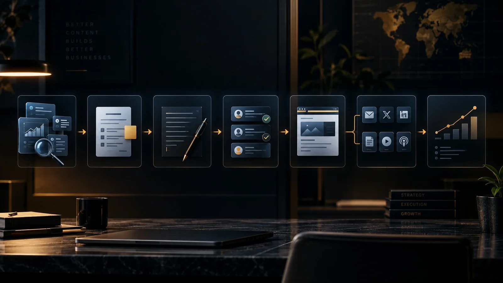 A structured content workflow moving through research, planning, drafting, review, publishing, distribution and measurement.