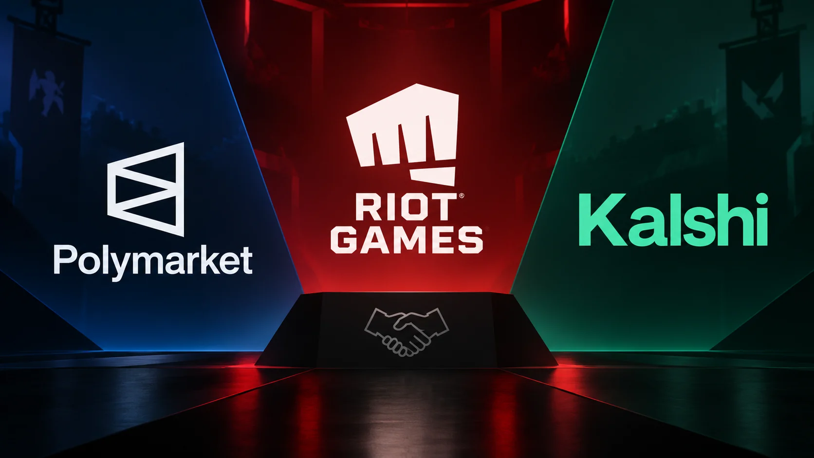 Riot Games logo between Polymarket and Kalshi logos in a high-contrast esports arena concept.