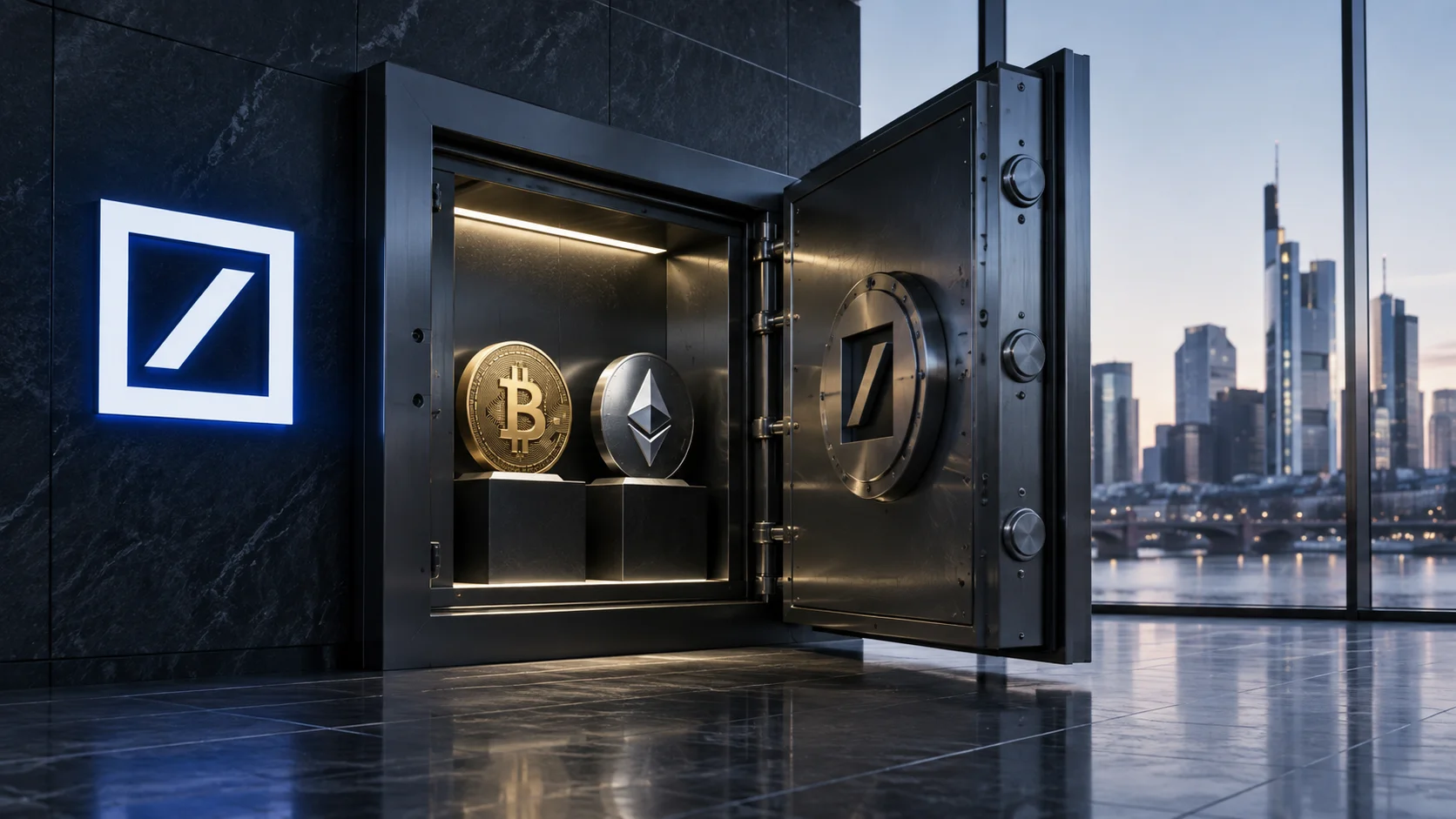 An open vault with Bitcoin and Ether symbols next to Deutsche Bank's visual identity, in reference to the bank's plan to offer institutional custody of crypto assets.