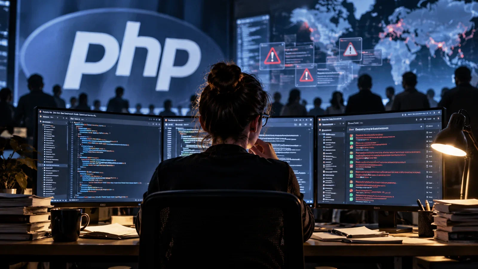 Desenvolvedora diante de monitores com códigos, alertas de segurança e logotipo do PHP ao fundo.