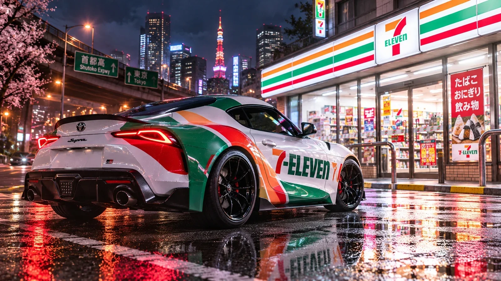 Toyota Supra com pintura 7-Eleven em frente a uma loja iluminada no Japão, à noite, com reflexos no asfalto molhado.