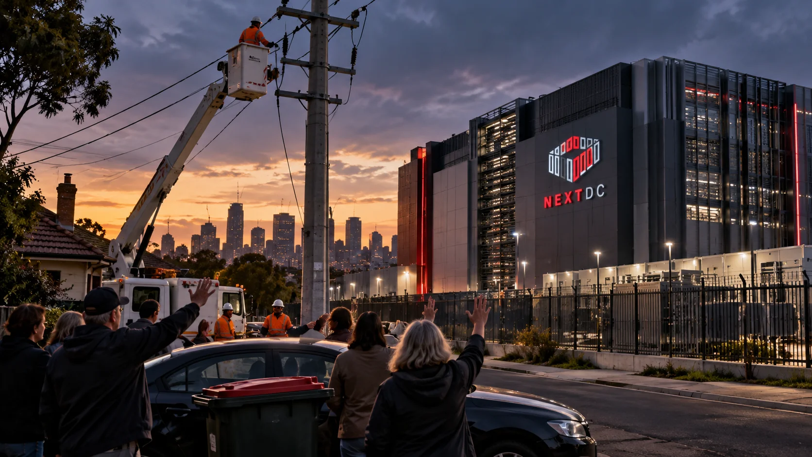 Editorial composition shows residents protesting against electrical works near a NextDC data center in Melbourne.