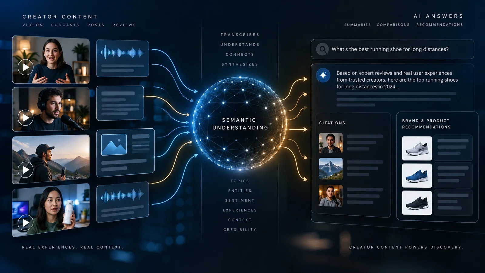 Creator videos and reviews feeding semantic retrieval, AI citations and brand recommendations.