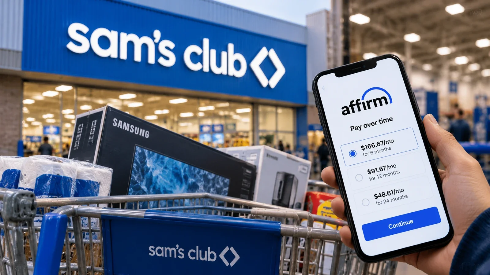 Sam's Club shopping cart next to a smartphone with Affirm installment options.