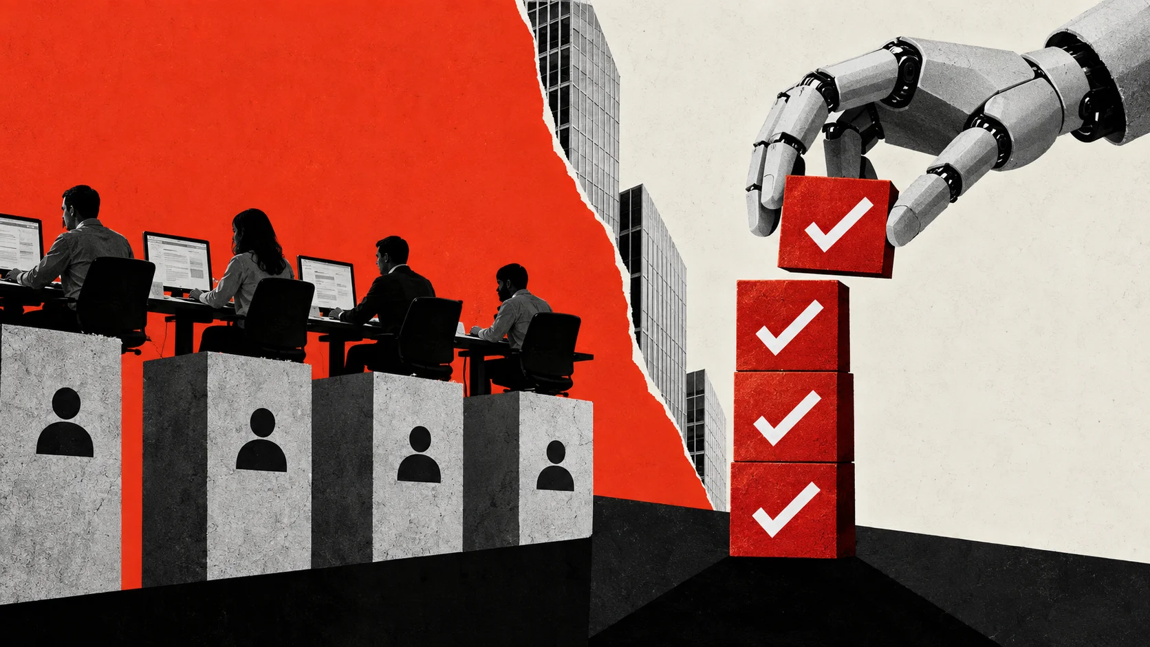 Ilustración conceptual de agentes de IA que reemplazan flujos de trabajo de SaaS basados en asientos.