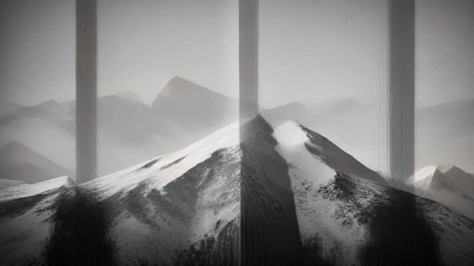 Serie abstracta de barras verticales finas en blanco y negro formando una cordillera de volumen creciente