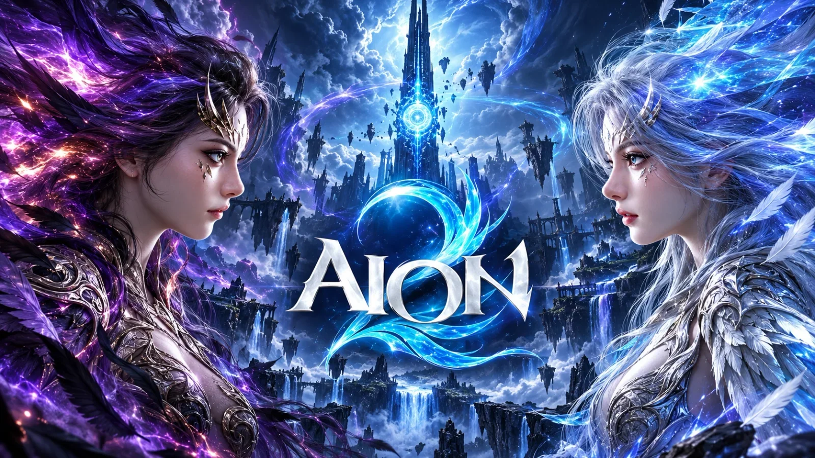 Arte de Aion 2 com duas personagens frente a frente e o logo do jogo ao centro.