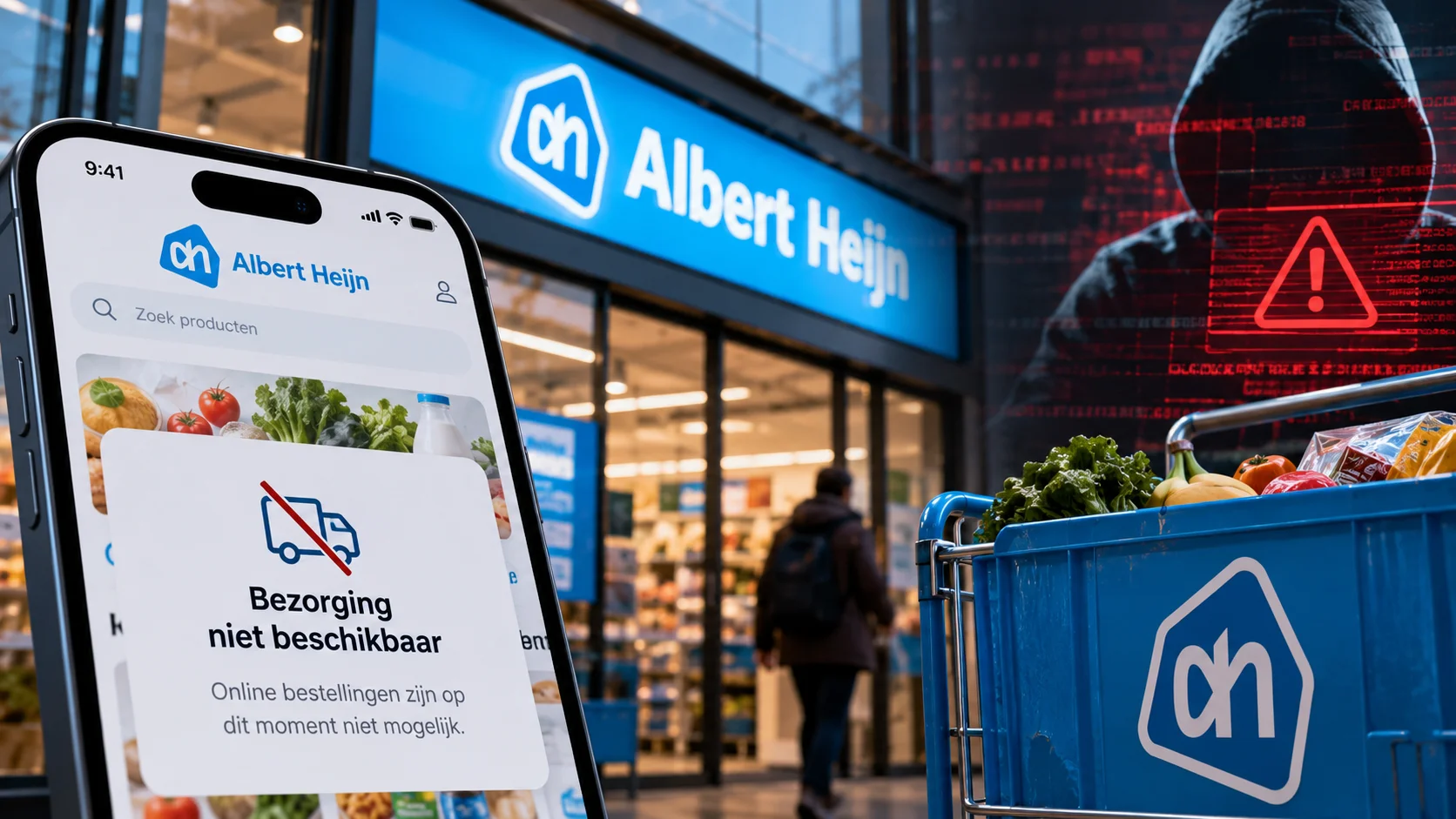 Montagem com aplicativo da Albert Heijn, supermercado ao fundo, carrinho de compras e representação de um hacker.
