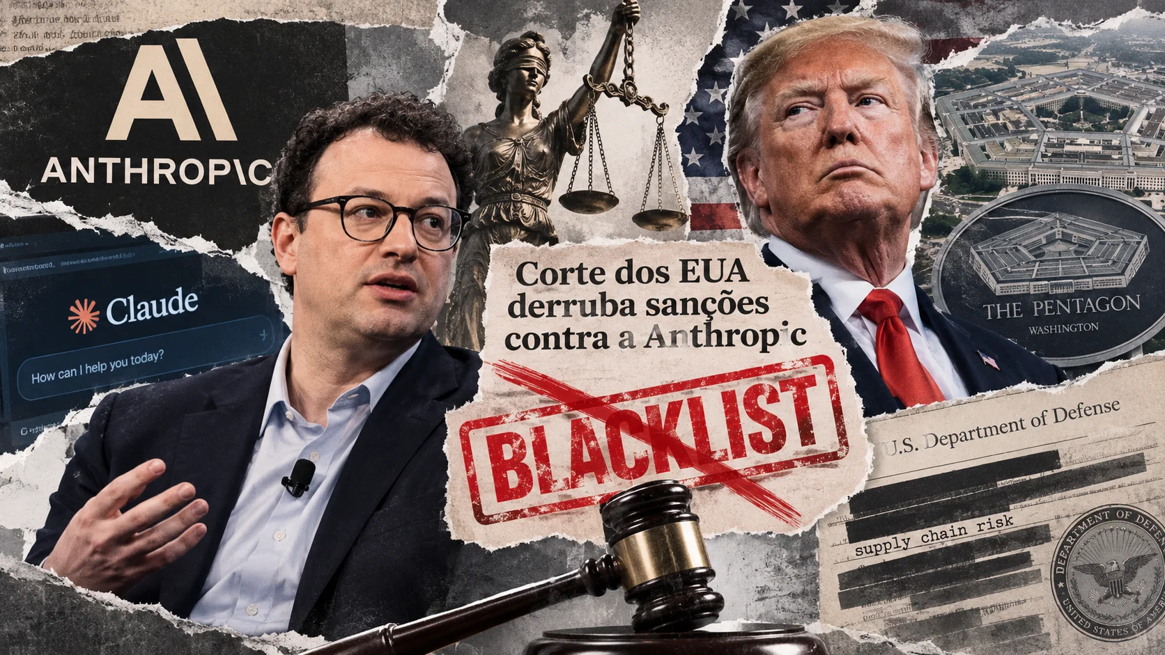 Editorial collage in newspaper-cutout style shows Dario Amodei next to the Anthropic logo, Donald Trump, the Pentagon, a judge's gavel and the word “BLACKLIST” crossed out, representing the US court ruling against the Pentagon's retaliation.